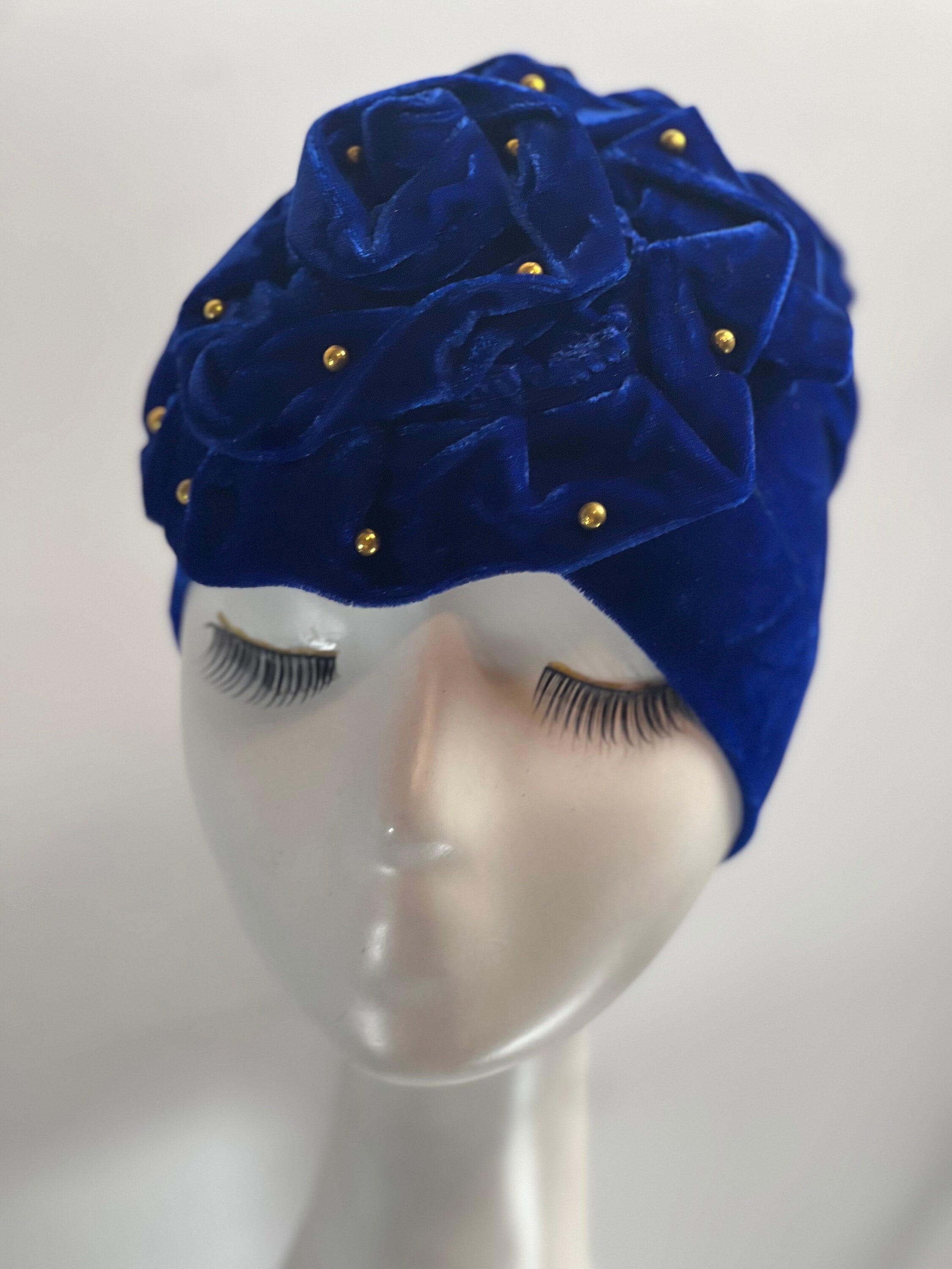 ROYAL BLUE Bling TURBAN Hat With Rose Decor Velvet Charming Rose Flower Turban Cap Gold Beads Shiny Sketchy Head Scarf Headwrap Beanie