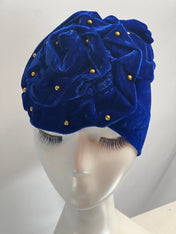 ROYAL BLUE Bling TURBAN Hat With Rose Decor Velvet Charming Rose Flower Turban Cap Gold Beads Shiny Sketchy Head Scarf Headwrap Beanie