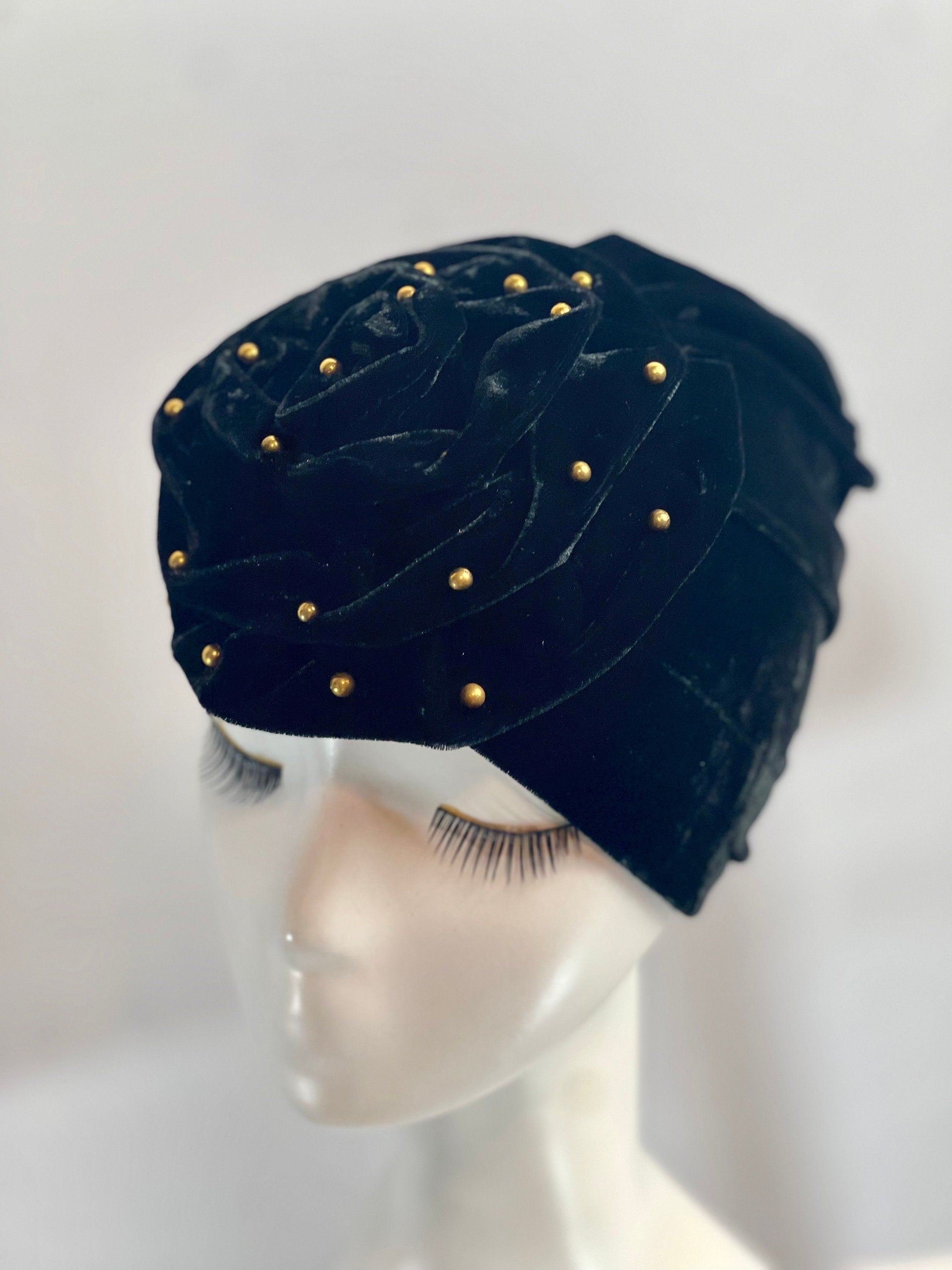 BLACK Bling TURBAN Hat With Rose Decor Velvet Charming Rose Flower Turban Cap Gold Beads Shiny Sketchy Head Scarf Headwrap Beanie