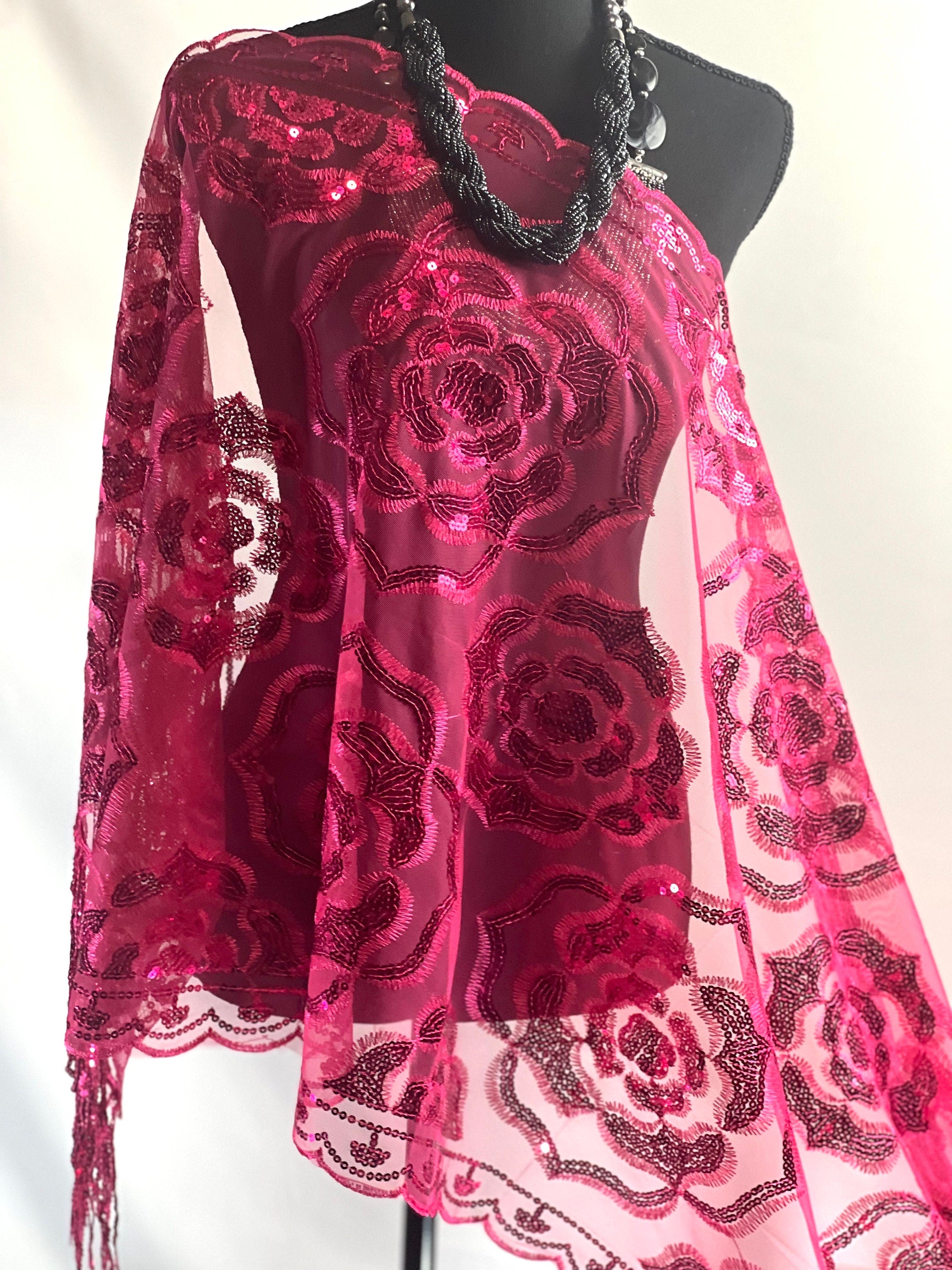 Fuchsia Pink Sparkly Sequin Scarf Glittering Vintage Roses Sequin Embroidery Scarf Wedding Cape Fringed Evening Shawl, Bling Elegant Wrap