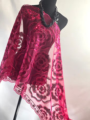 Fuchsia Pink Sparkly Sequin Scarf Glittering Vintage Roses Sequin Embroidery Scarf Wedding Cape Fringed Evening Shawl, Bling Elegant Wrap