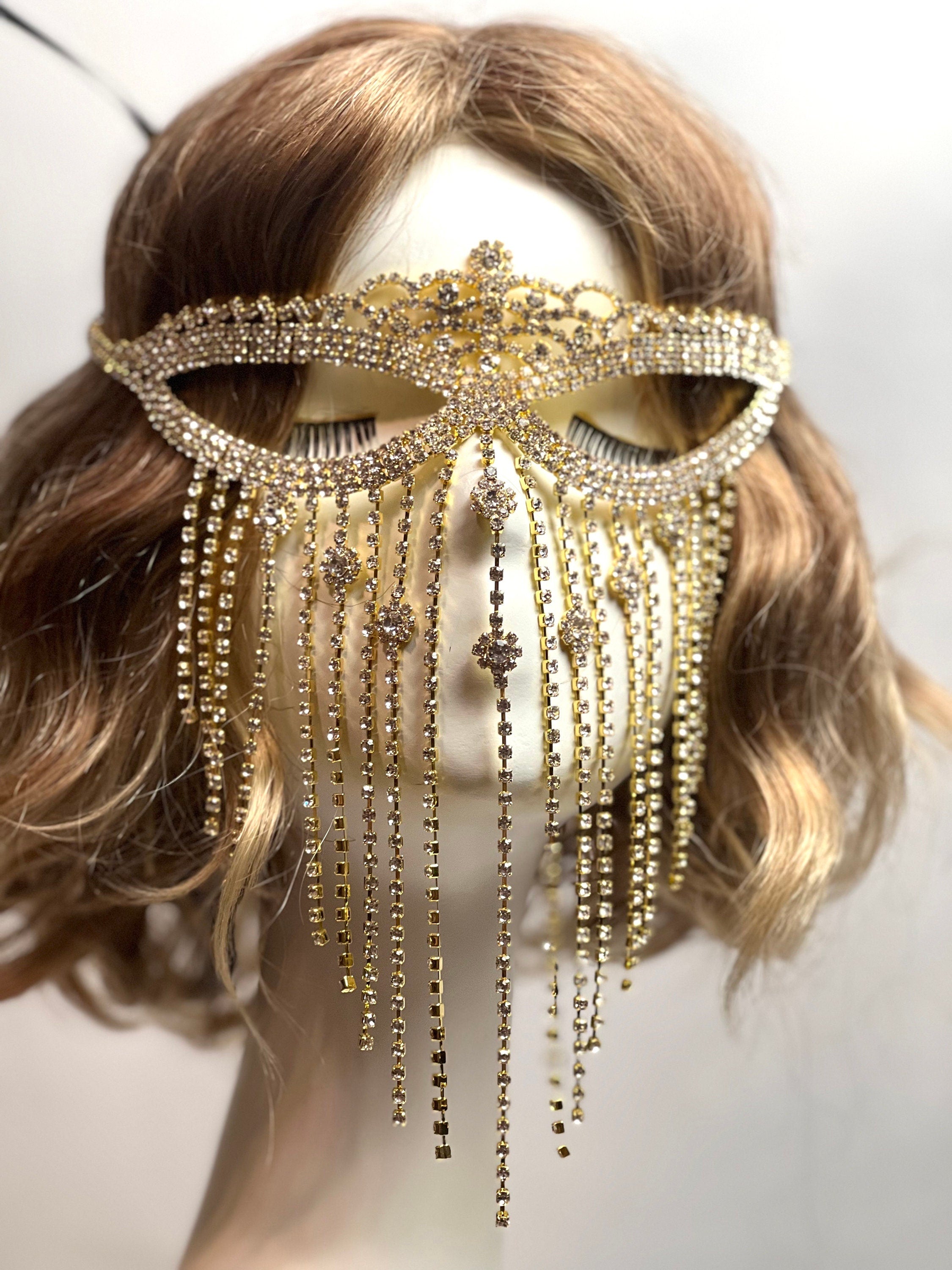 GOLD Crystal Tassel Floral Design Eye Mask Mardi Gras Mask Masquerade Ball Dance Party Mask Wedding crystal mask. Prom crystal mask