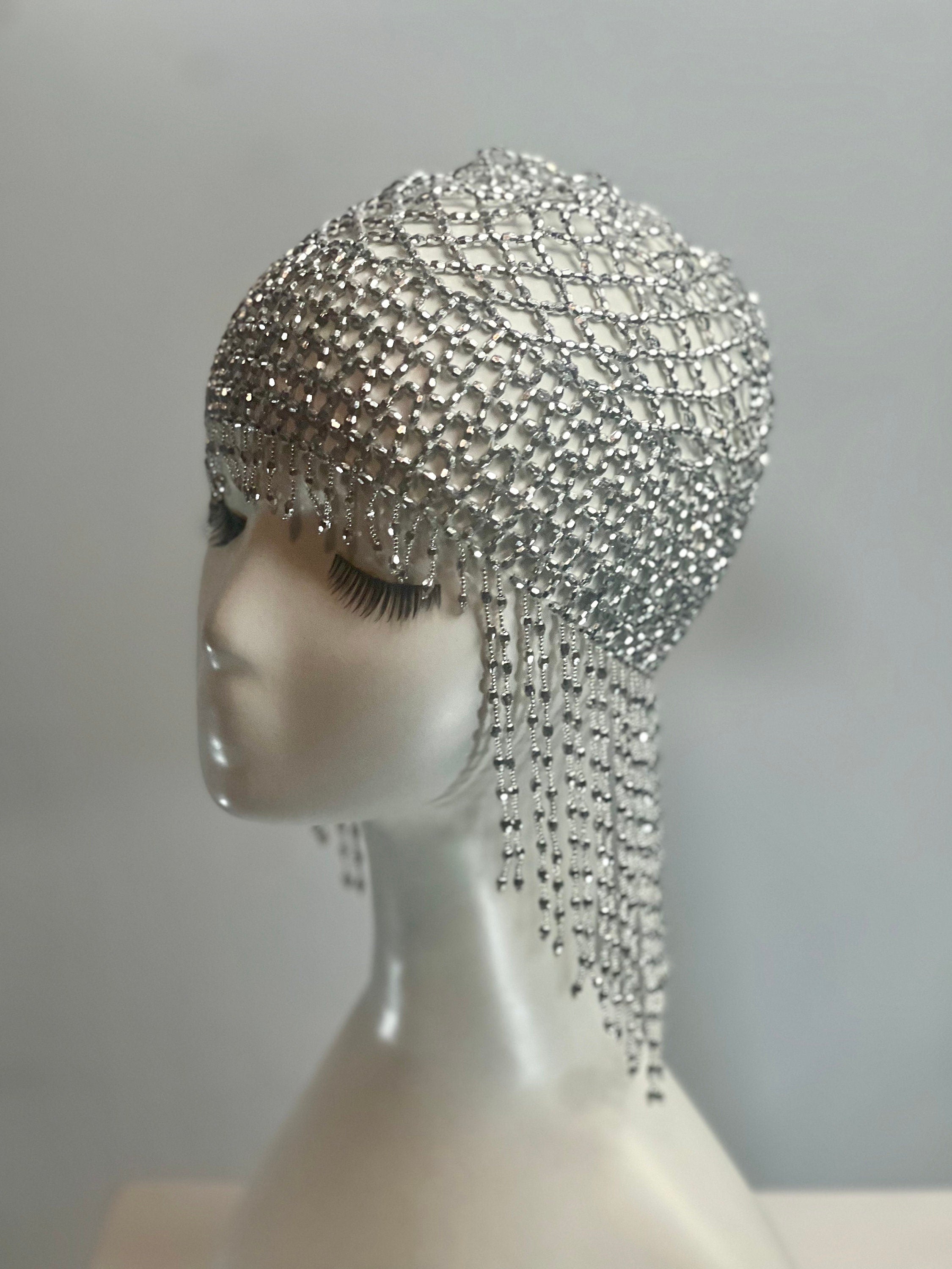 Silver Beaded Exotic Cleopatra Head Piece Cap Egyptian Tassel Chain Durag Festival Hat Gold Mesh Beaded Flapper Stretchy Cap Plastic beads