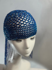 Royal Blue Exotic Cleopatra Head Piece Cap Egyptian Tassel Chain Mardi Gras Festival Hat Gold Mesh Beaded Flapper Stretchy Cap Plastic beads