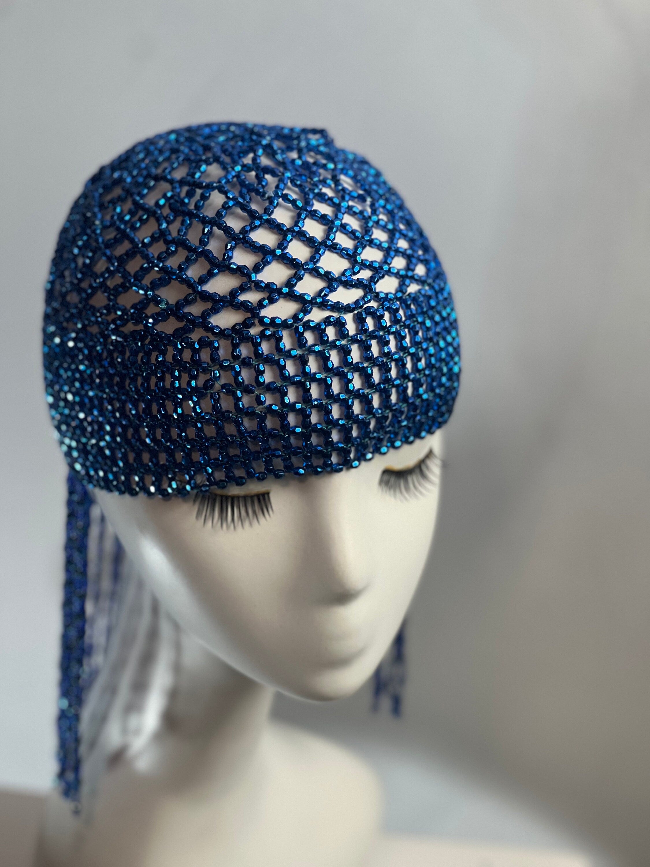 Royal Blue Exotic Cleopatra Head Piece Cap Egyptian Tassel Chain Mardi Gras Festival Hat Gold Mesh Beaded Flapper Stretchy Cap Plastic beads