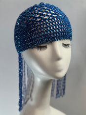 Royal Blue Exotic Cleopatra Head Piece Cap Egyptian Tassel Chain Mardi Gras Festival Hat Gold Mesh Beaded Flapper Stretchy Cap Plastic beads