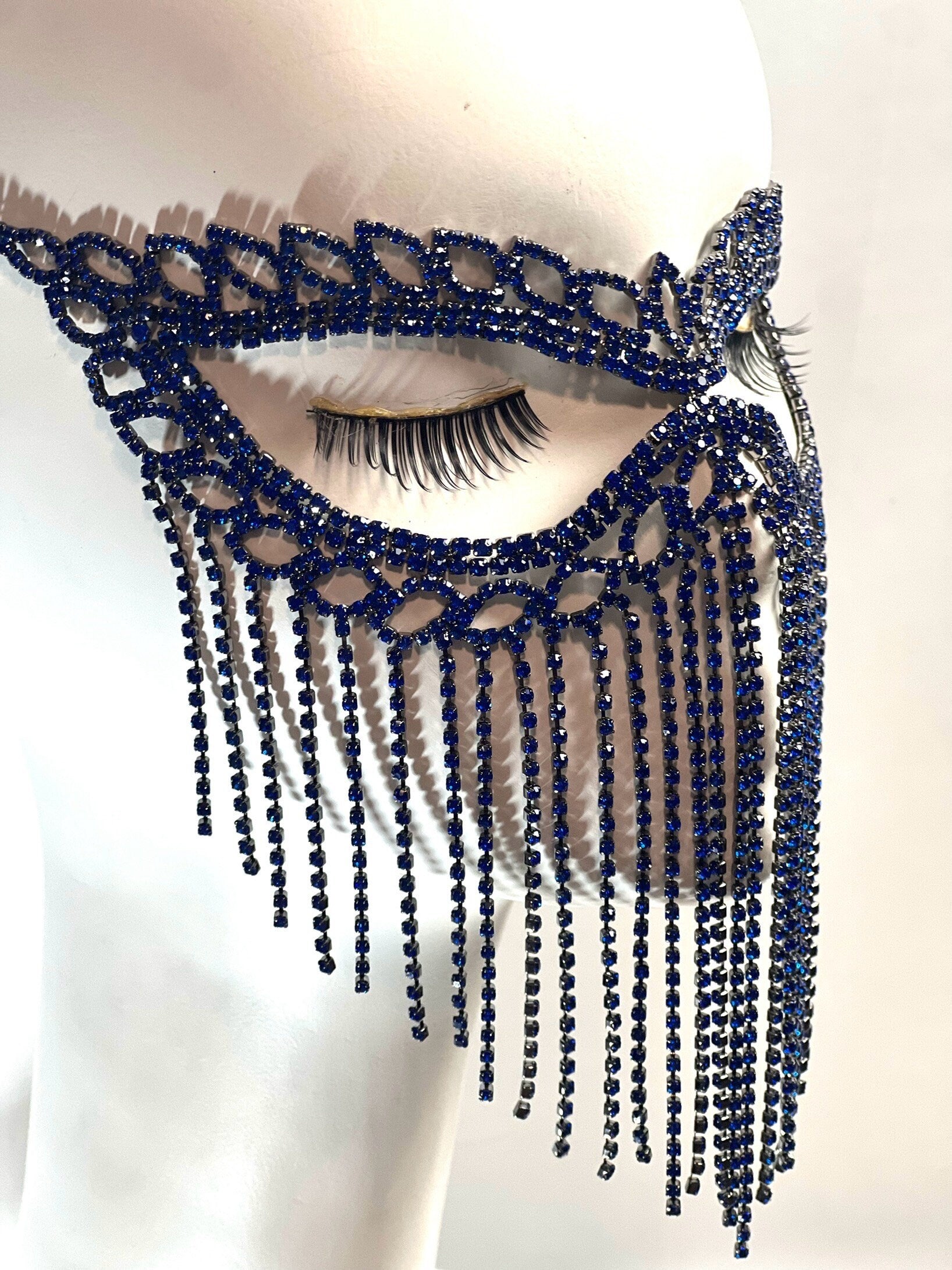 Royal Blue Crystal Tassel Floral Eye Mask Mardi Gras Mask Masquerade Ball Dance Party Mask Wedding crystal mask. Prom crystal mask