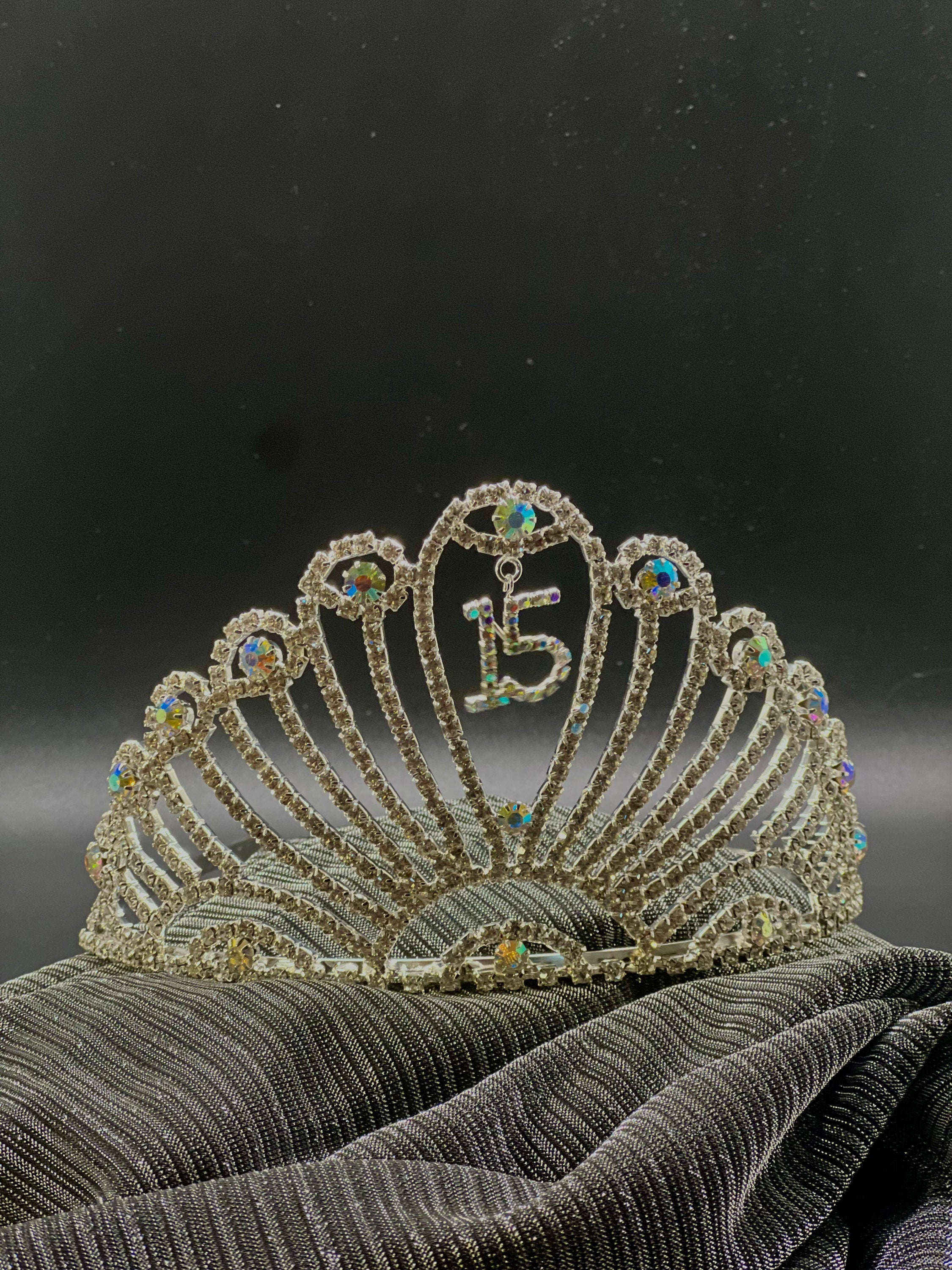 Gold Rhinestone Gems Crown 15 Quinceañera Tiara Celebration. Silver Crystal 15th birthday Crown