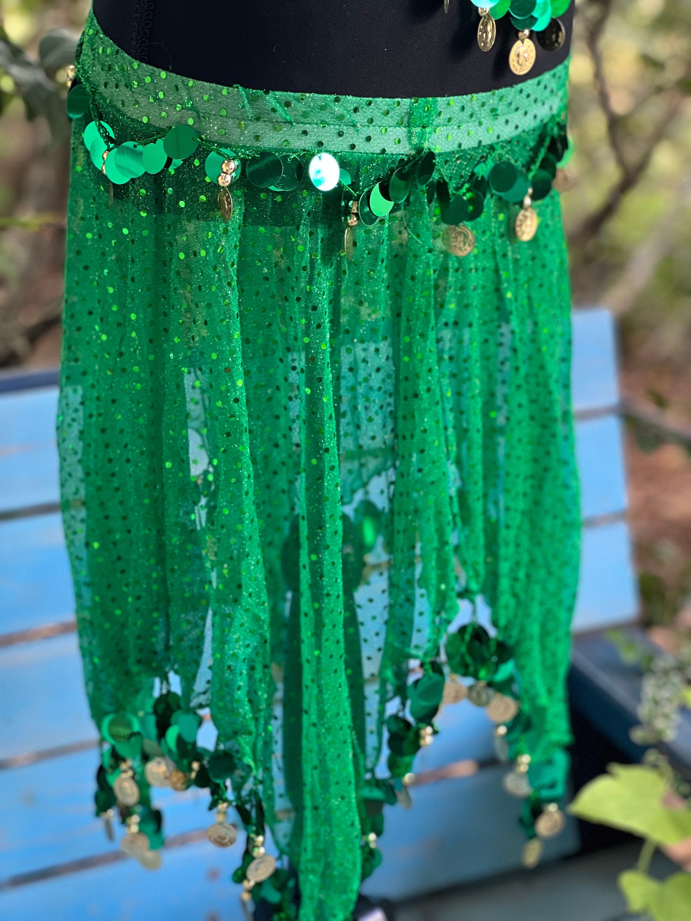 Green Tassel Bra Hip Scarf 2 pcs , Belly Dance Belt Performance Skirt. Belly Dance Hip Scarf Skirt Waist Chance Dance Belt Festival Clothing