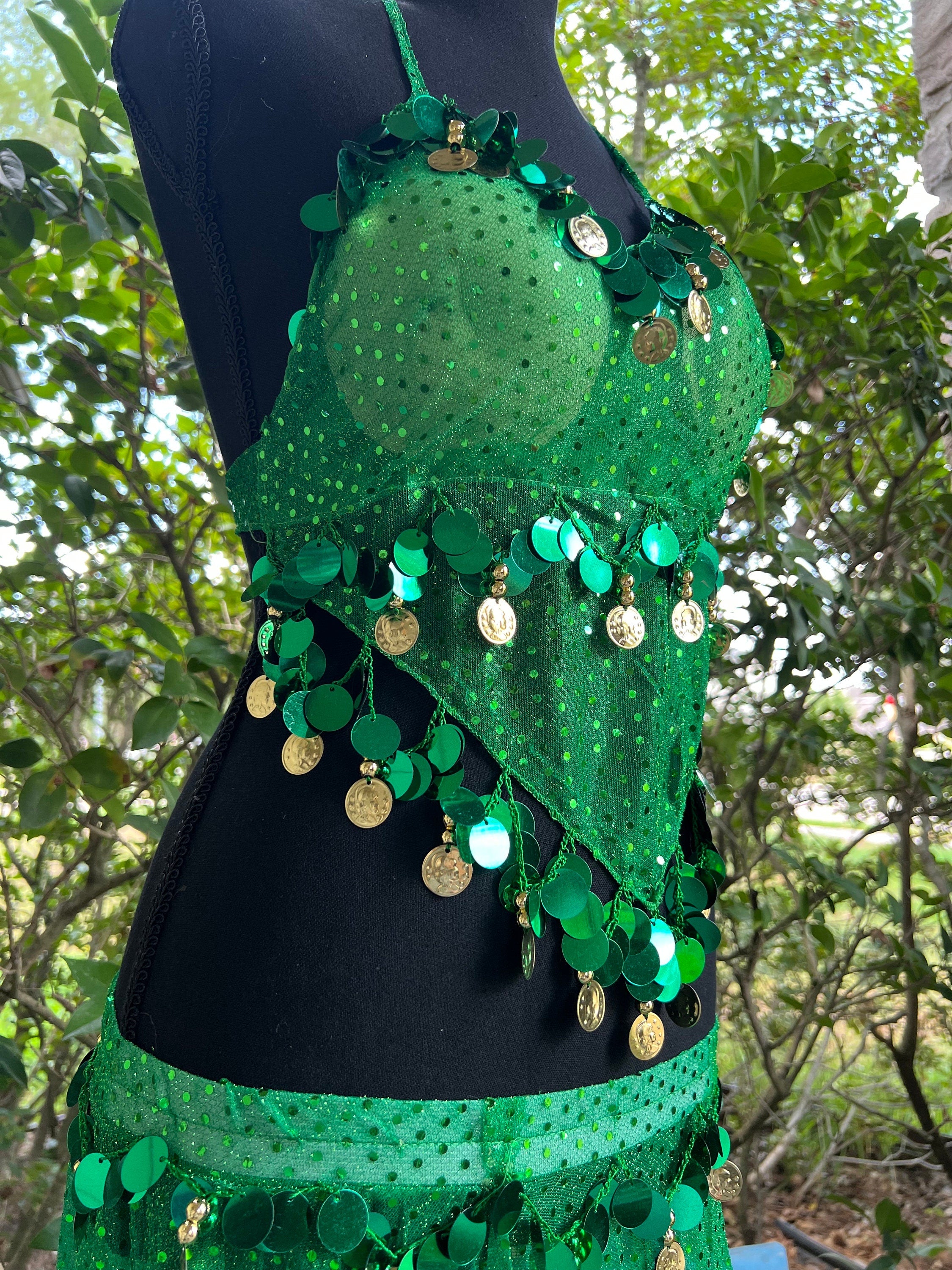 Green Tassel Bra Hip Scarf 2 pcs , Belly Dance Belt Performance Skirt. Belly Dance Hip Scarf Skirt Waist Chance Dance Belt Festival Clothing