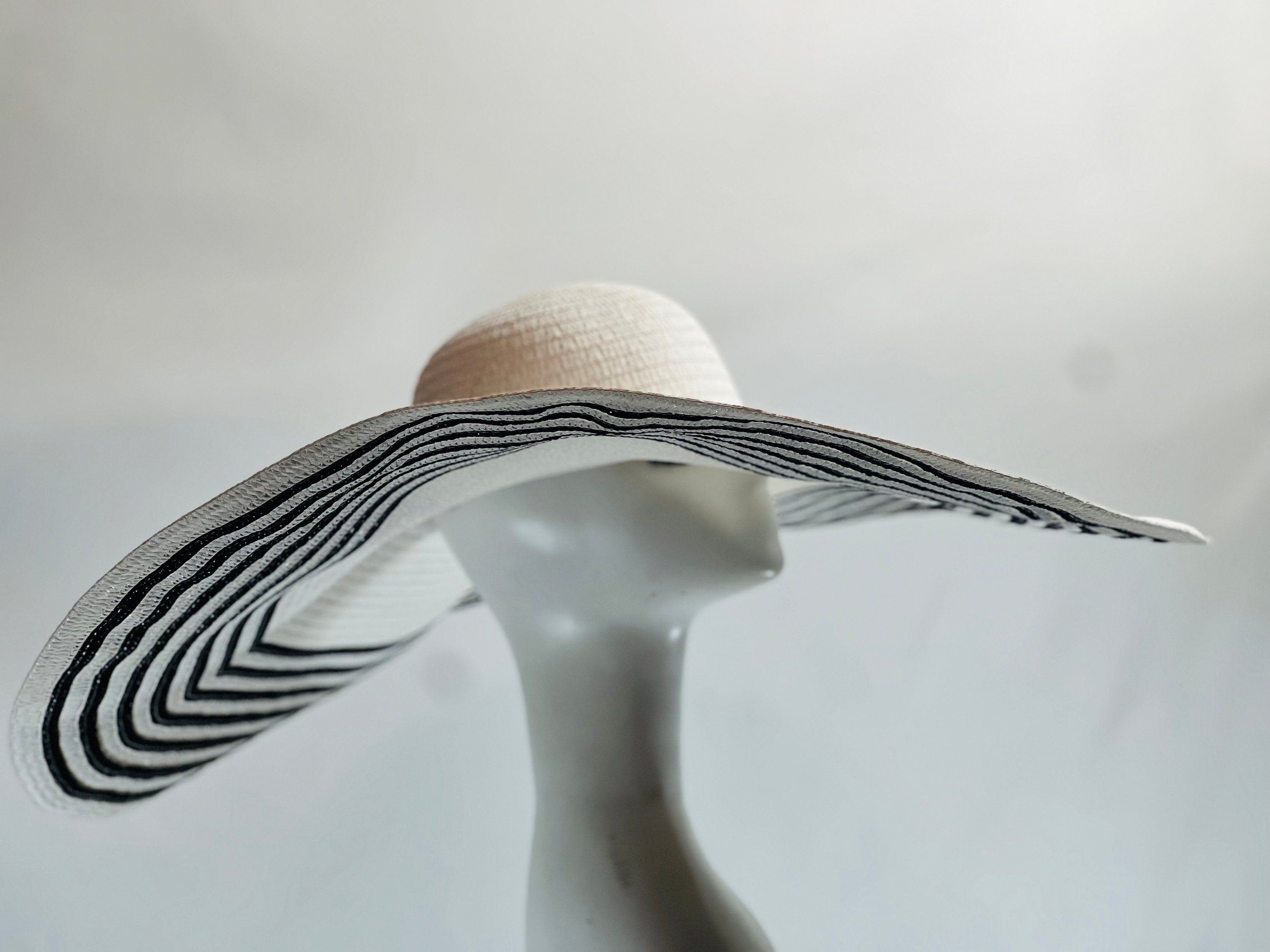 Stylish and Trendy Summer Hat Oversize Straw Hat Large Beach Hat Extra Wide Brim Hat 28" Wide Sun Hat Black and White Stripes Hat