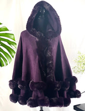 Fur Plum Purple Hoodie Cape Winter Wool Acrylic Vintage Ruana Batwing Shawl Faux Fur Wedding Bridal Coat Evening Party Soft Feel Faux Fur