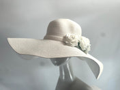 WHITE Roses Decor Wide Brim Hat Summer Hat Oversize Straw Hat Large Beach Hat Extra Wide Brim Hat 21" Wide Sun Hat Wedding Hat Bride Hat