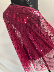 Fuchsia Pink Vintage  Sequin Mesh Fuchsia Pink Scarf,  Mesh Sequin Wedding Cape Fringed Evening Shawl, Bling Elegant Wrap Wedding Shawl