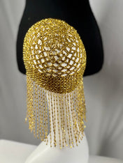 Gold Exotic Cleopatra Head Piece Cap Egyptian Tassel Chain Mardi Gras Festival Hat Gold Mesh Beaded Flapper Stretchy Cap Plastic beads