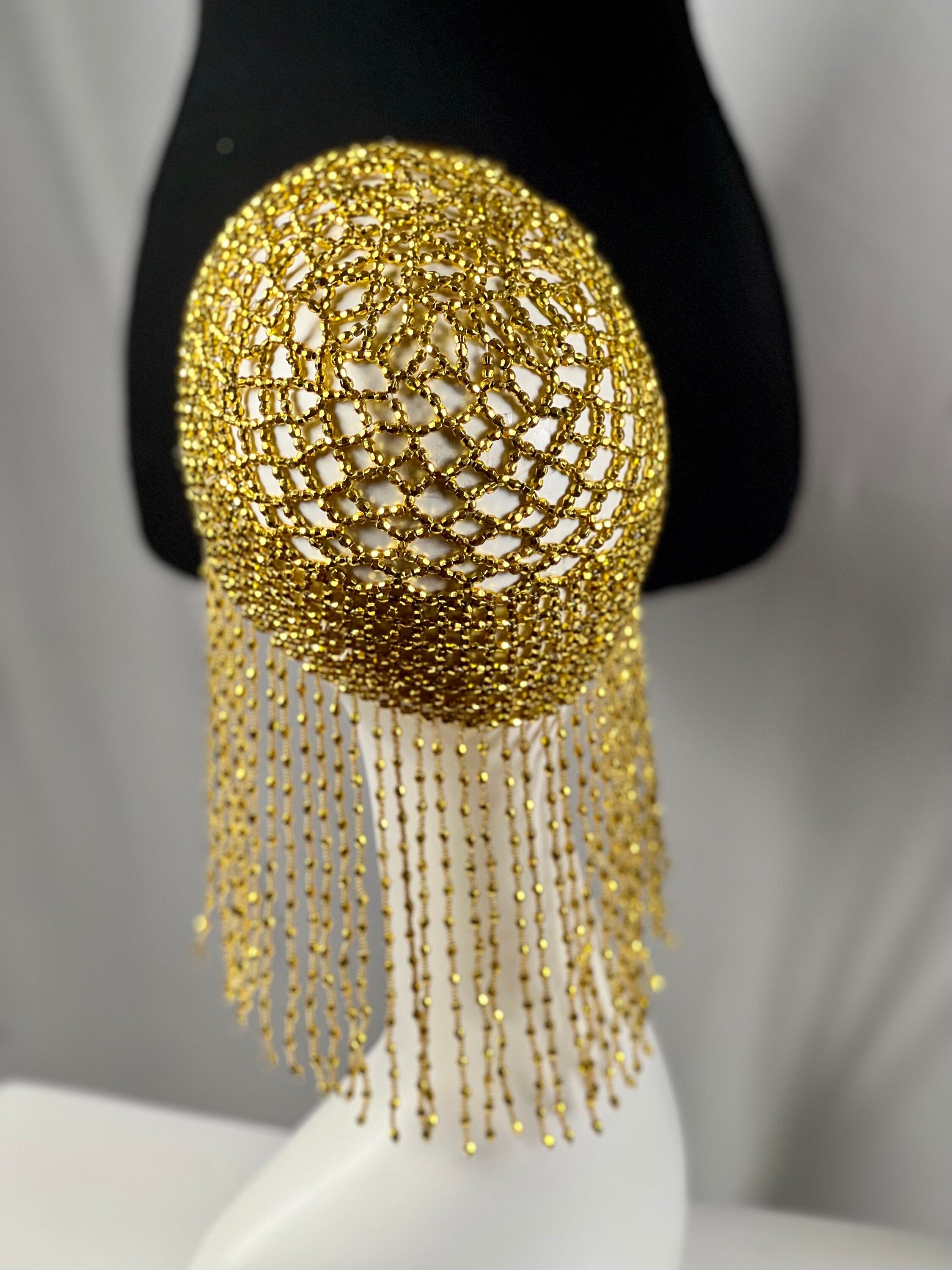 Gold Exotic Cleopatra Head Piece Cap Egyptian Tassel Chain Mardi Gras Festival Hat Gold Mesh Beaded Flapper Stretchy Cap Plastic beads