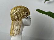 Gold Exotic Cleopatra Head Piece Cap Egyptian Tassel Chain Mardi Gras Festival Hat Gold Mesh Beaded Flapper Stretchy Cap Plastic beads