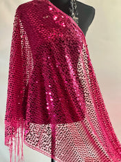 Fuchsia Pink Vintage  Sequin Mesh Fuchsia Pink Scarf,  Mesh Sequin Wedding Cape Fringed Evening Shawl, Bling Elegant Wrap Wedding Shawl