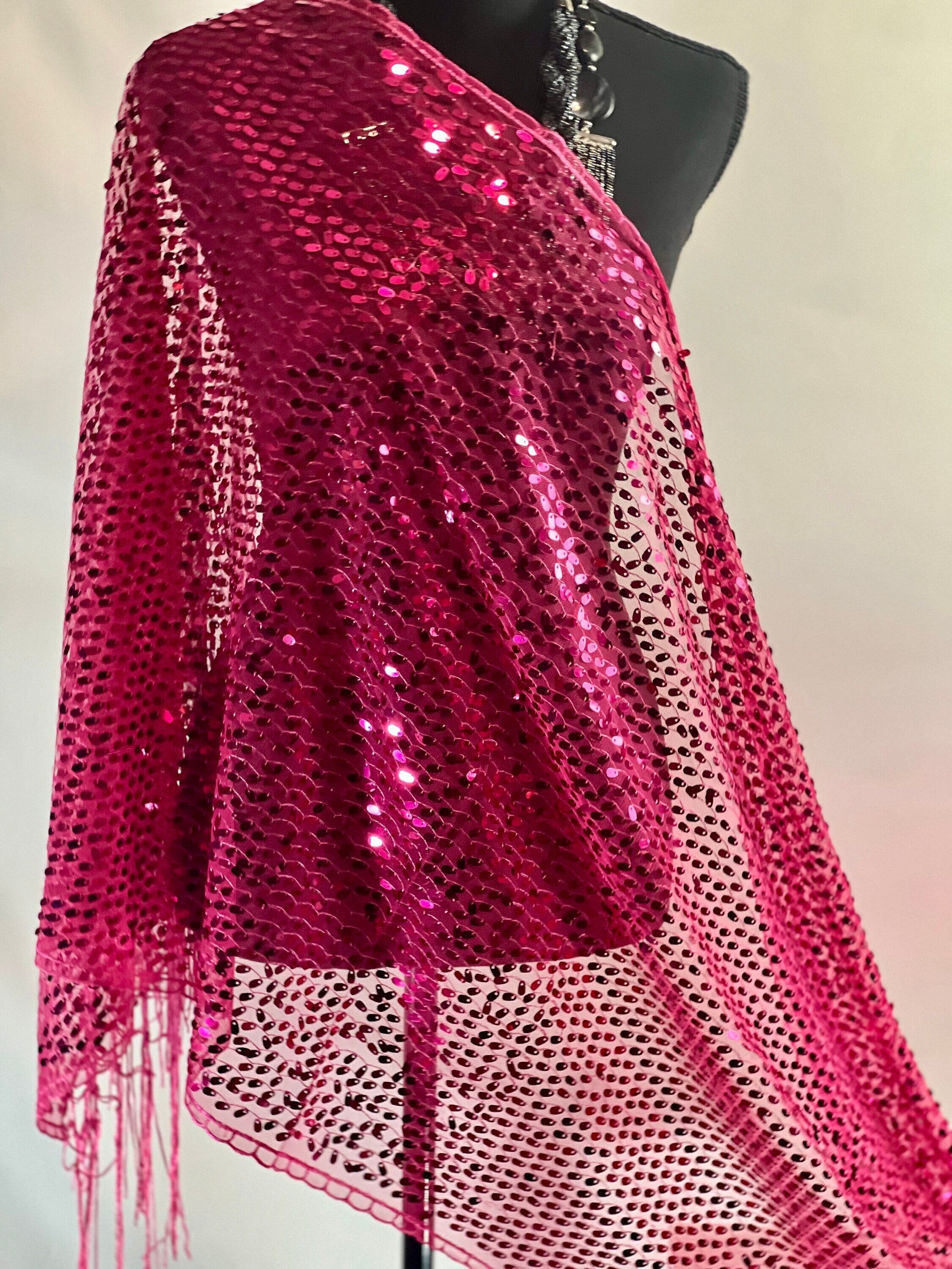 Fuchsia Pink Vintage  Sequin Mesh Fuchsia Pink Scarf,  Mesh Sequin Wedding Cape Fringed Evening Shawl, Bling Elegant Wrap Wedding Shawl