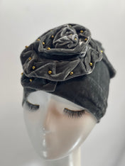 GRAY Bling TURBAN Hat With Rose Decor Velvet Charming Rose Flower Turban Cap Gold Beads Shiny Sketchy Head Scarf Headwrap Beanie