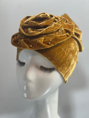 GOLD Yellow Bling TURBAN Hat With Rose Decor Velvet Charming Rose Flower Turban Cap Gold Beads Shiny Sketchy Head Scarf Headwrap Beanie