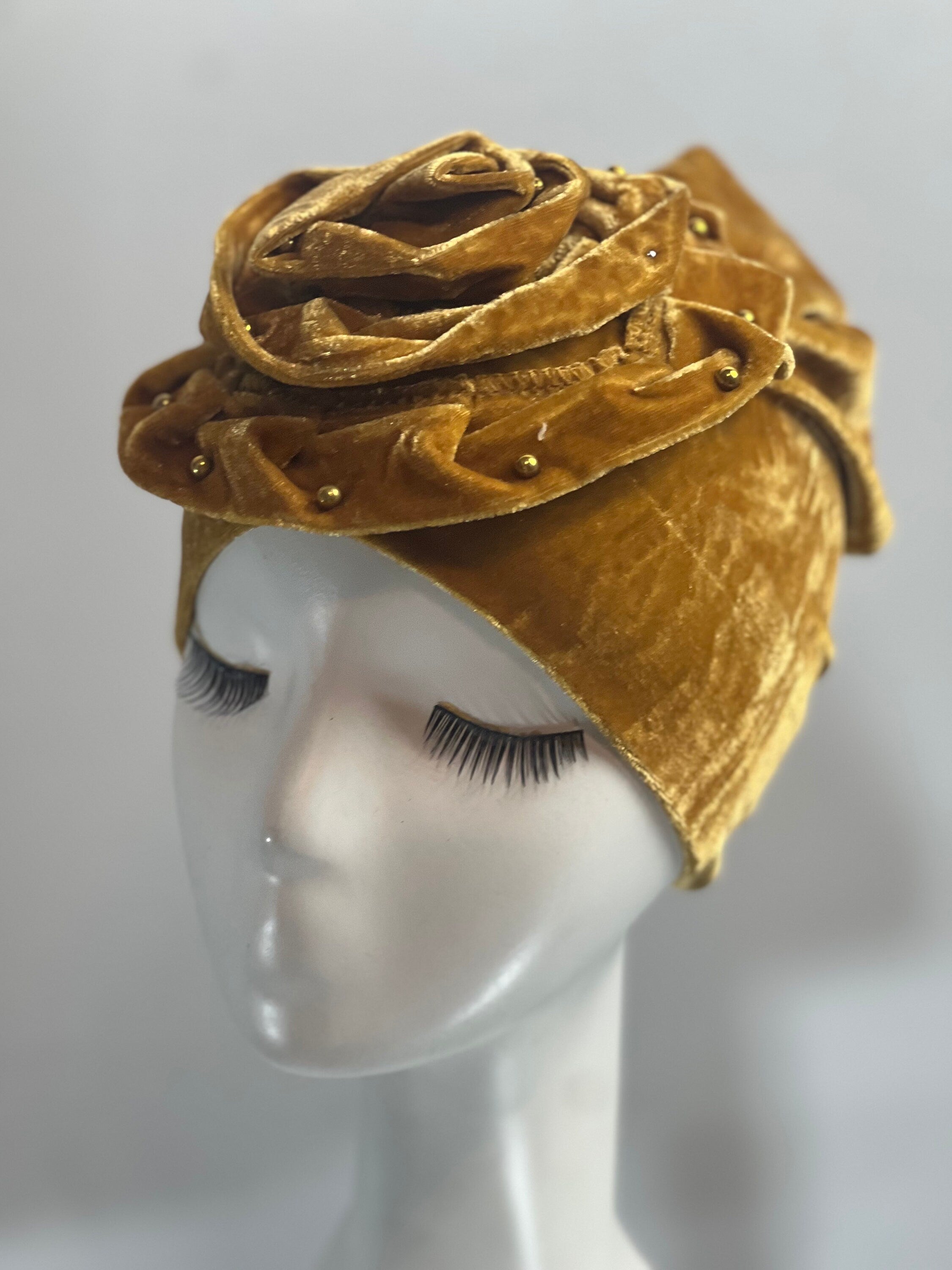 GOLD Yellow Bling TURBAN Hat With Rose Decor Velvet Charming Rose Flower Turban Cap Gold Beads Shiny Sketchy Head Scarf Headwrap Beanie