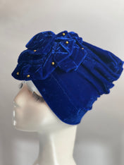 ROYAL BLUE Bling TURBAN Hat With Rose Decor Velvet Charming Rose Flower Turban Cap Gold Beads Shiny Sketchy Head Scarf Headwrap Beanie