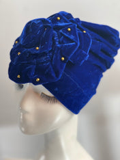 ROYAL BLUE Bling TURBAN Hat With Rose Decor Velvet Charming Rose Flower Turban Cap Gold Beads Shiny Sketchy Head Scarf Headwrap Beanie