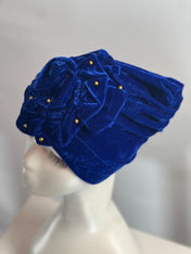 ROYAL BLUE Bling TURBAN Hat With Rose Decor Velvet Charming Rose Flower Turban Cap Gold Beads Shiny Sketchy Head Scarf Headwrap Beanie