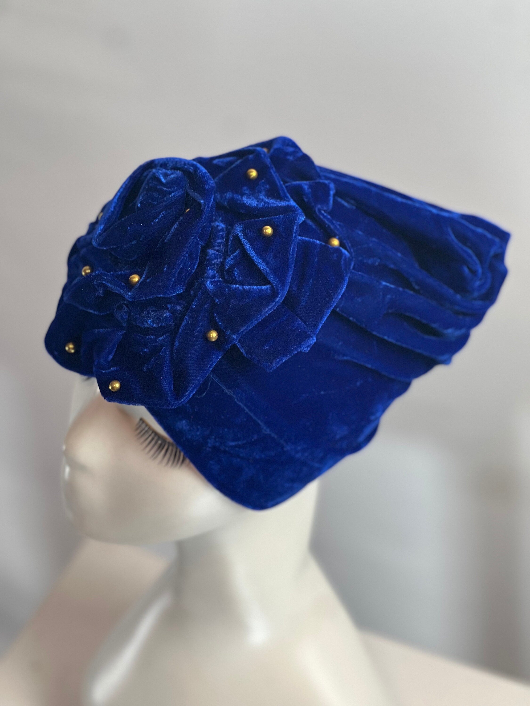 ROYAL BLUE Bling TURBAN Hat With Rose Decor Velvet Charming Rose Flower Turban Cap Gold Beads Shiny Sketchy Head Scarf Headwrap Beanie