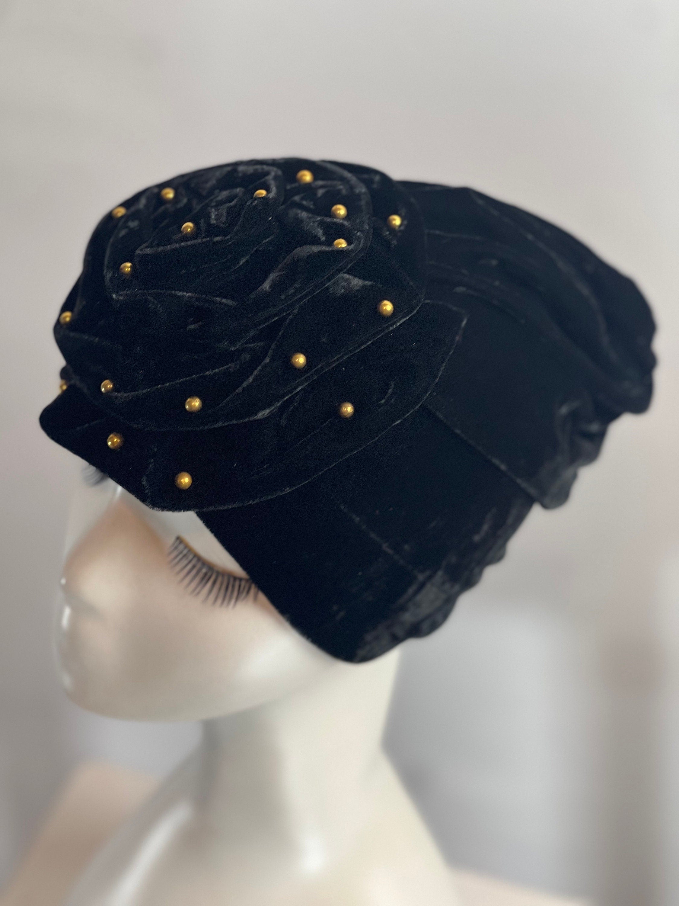 BLACK Bling TURBAN Hat With Rose Decor Velvet Charming Rose Flower Turban Cap Gold Beads Shiny Sketchy Head Scarf Headwrap Beanie