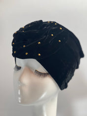 BLACK Bling TURBAN Hat With Rose Decor Velvet Charming Rose Flower Turban Cap Gold Beads Shiny Sketchy Head Scarf Headwrap Beanie