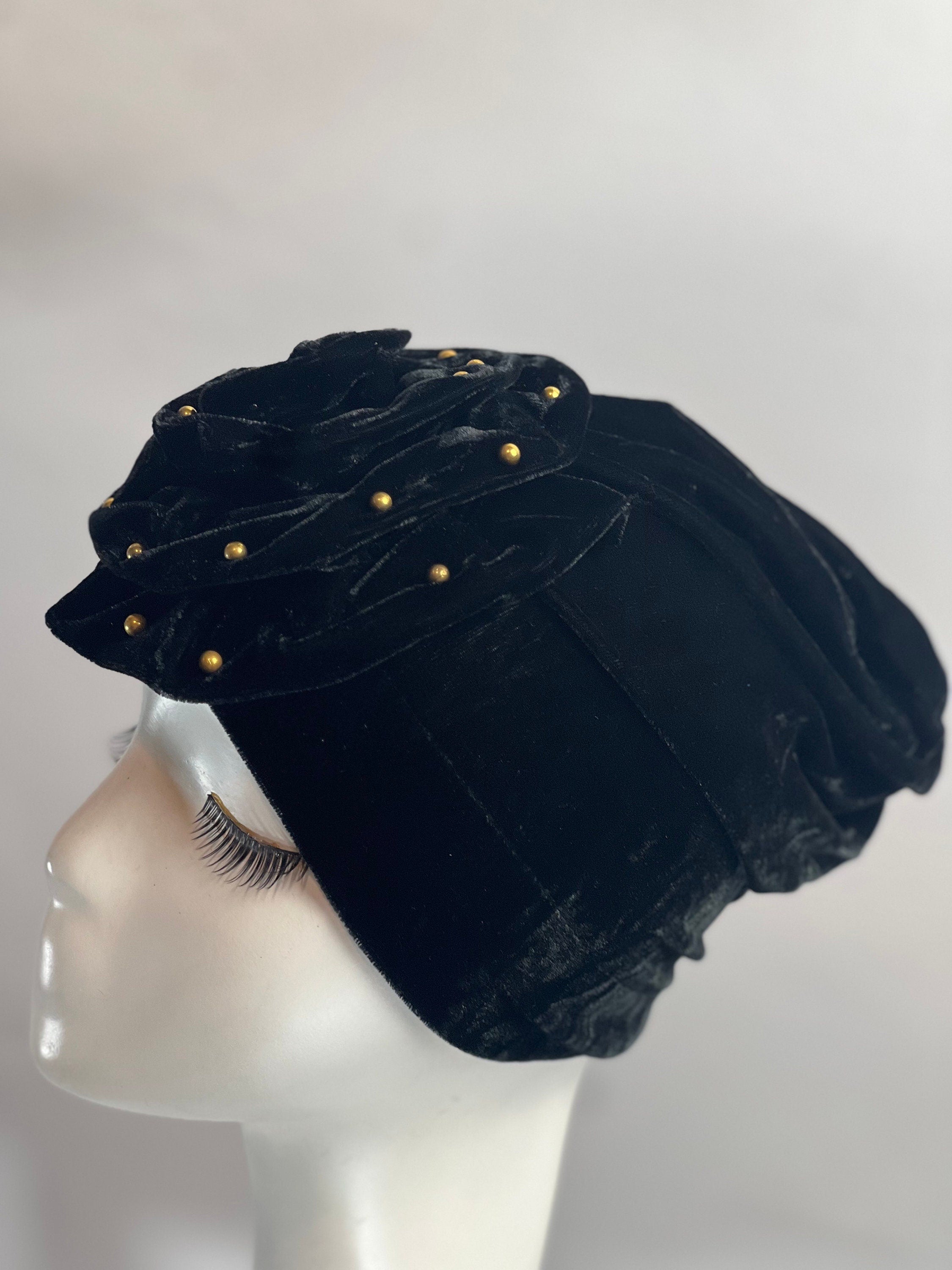 BLACK Bling TURBAN Hat With Rose Decor Velvet Charming Rose Flower Turban Cap Gold Beads Shiny Sketchy Head Scarf Headwrap Beanie