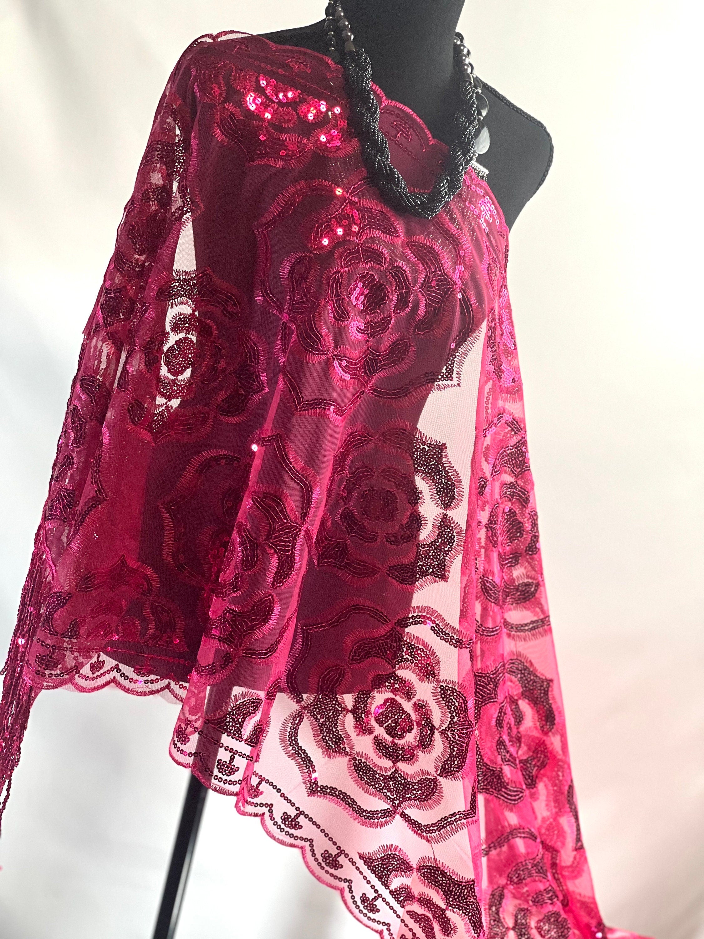 Fuchsia Pink Sparkly Sequin Scarf Glittering Vintage Roses Sequin Embroidery Scarf Wedding Cape Fringed Evening Shawl, Bling Elegant Wrap