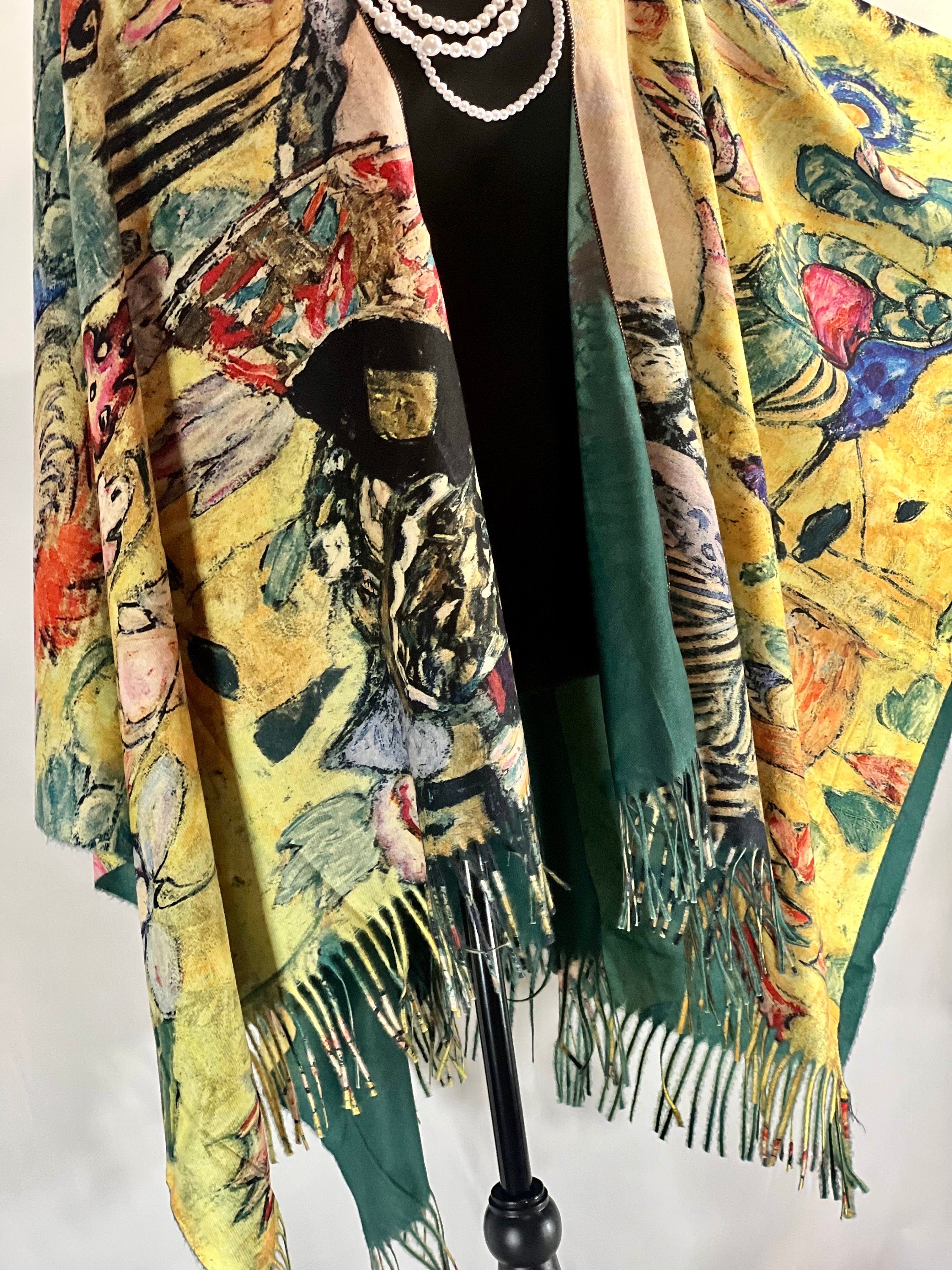 Lady With A Fan Classic Artwork Painting Printed Poncho Ruana Soft Cashmere-feel Tassel Ending Shawl Classic Art Gift Classic Art Shawl