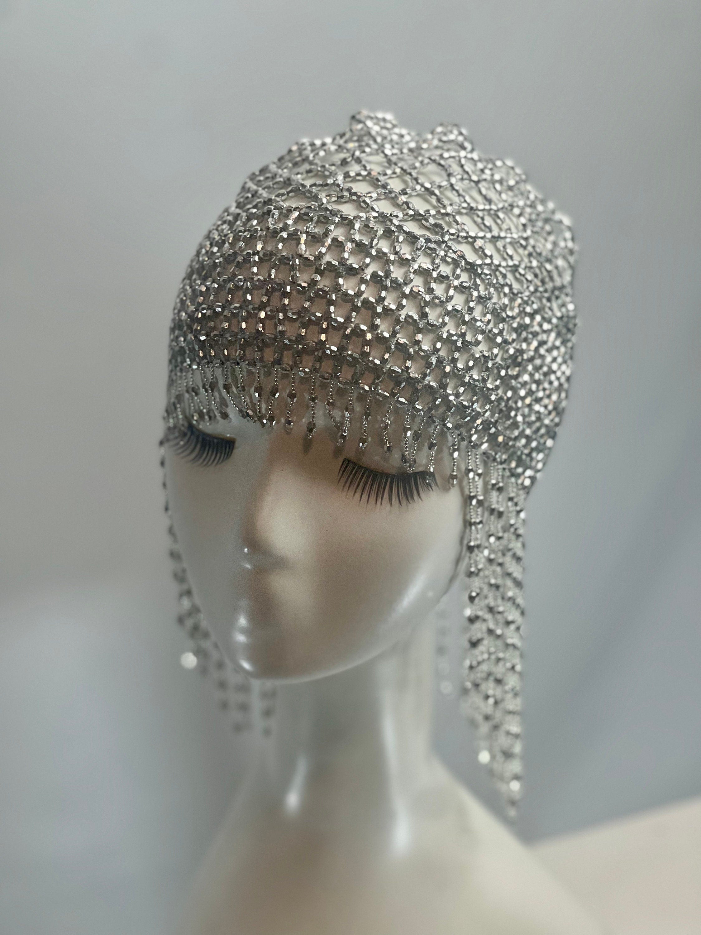 Silver Beaded Exotic Cleopatra Head Piece Cap Egyptian Tassel Chain Durag Festival Hat Gold Mesh Beaded Flapper Stretchy Cap Plastic beads