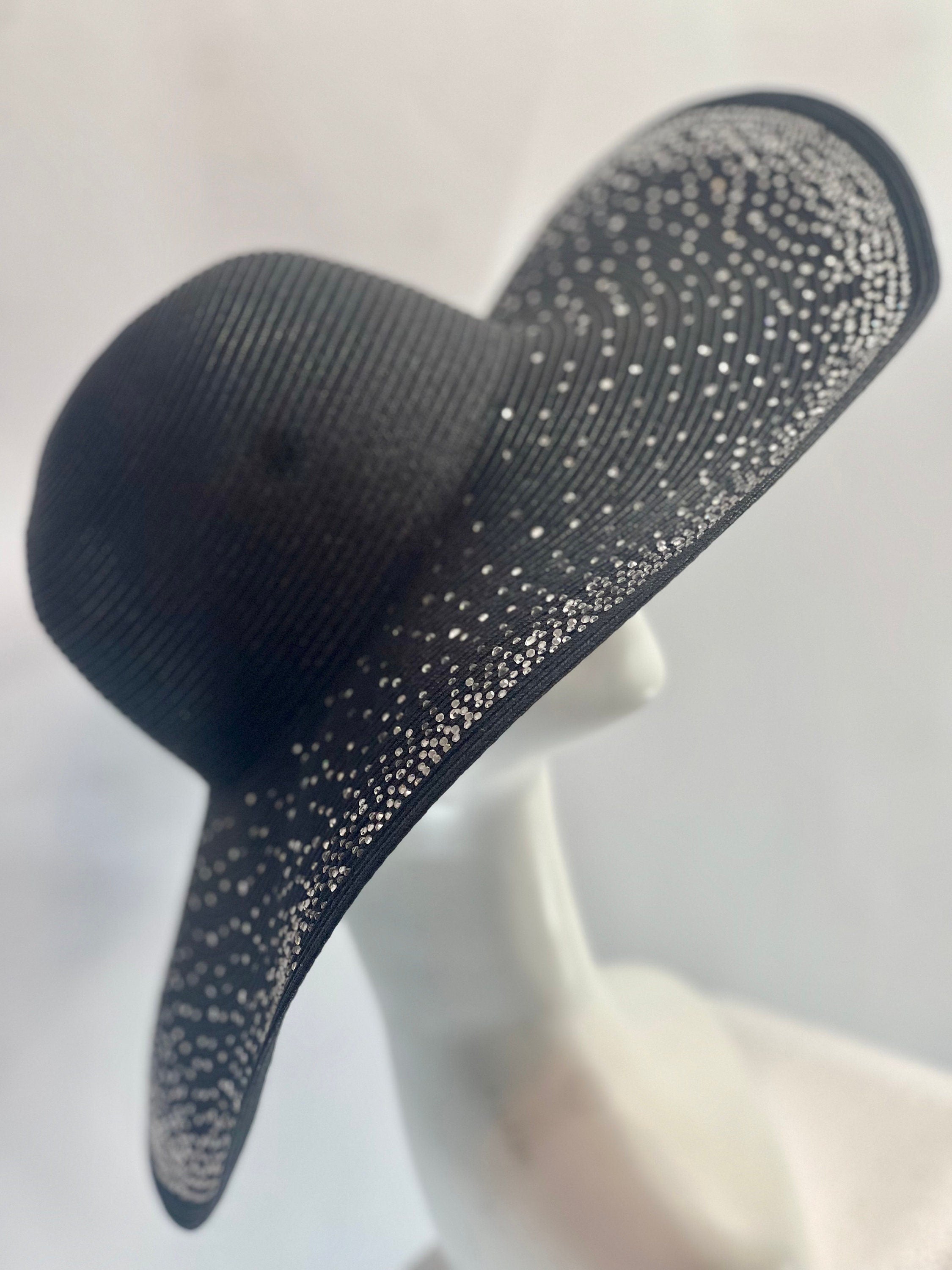 Sparkle Rhinestones Decor Black Floppy Wedding Hat Bride Hat Summer Hat Oversize Straw Hat Large Beach Hat Extra Wide Brim Hat 20"