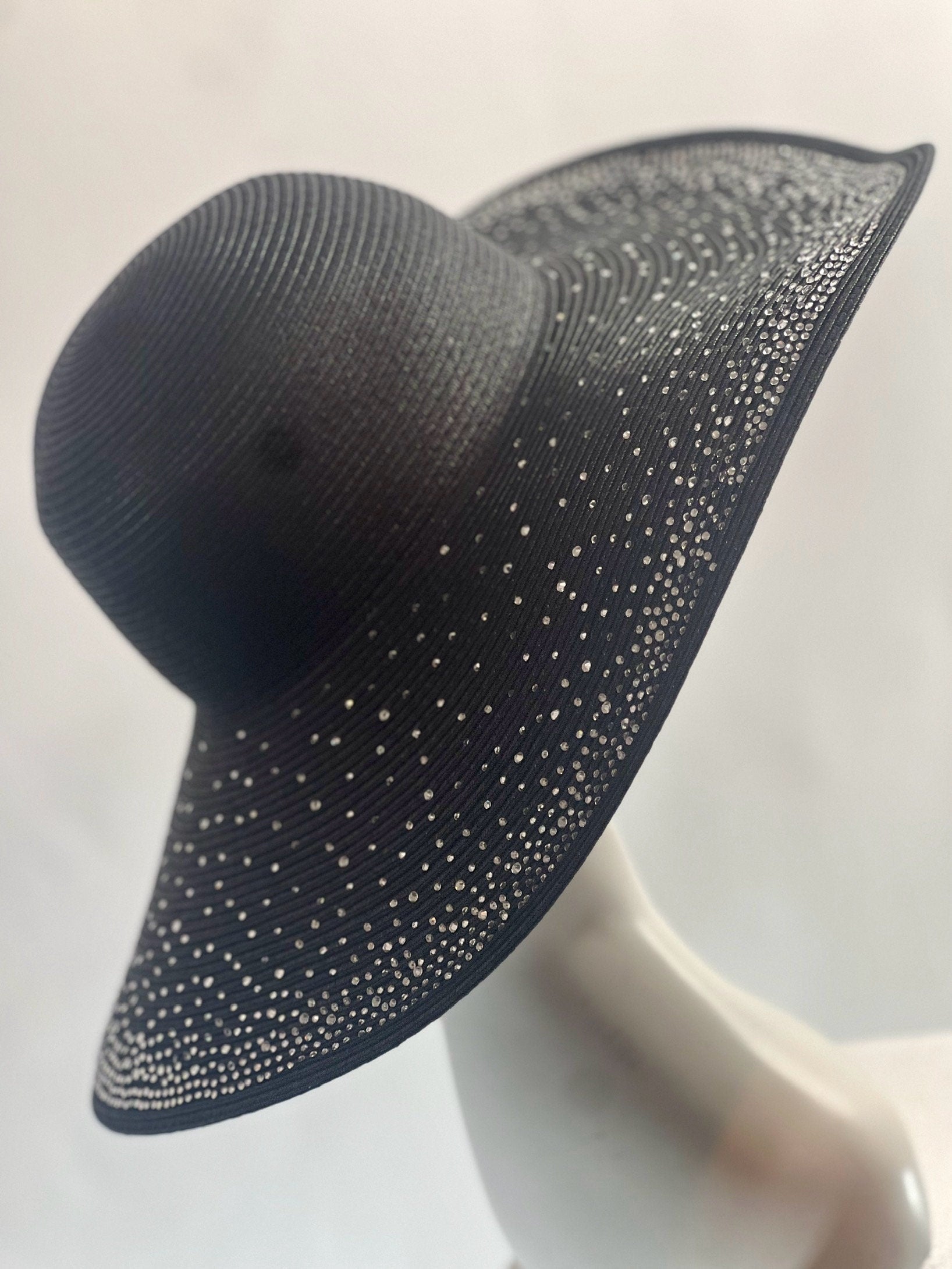 Sparkle Rhinestones Decor Black Floppy Wedding Hat Bride Hat Summer Hat Oversize Straw Hat Large Beach Hat Extra Wide Brim Hat 20"