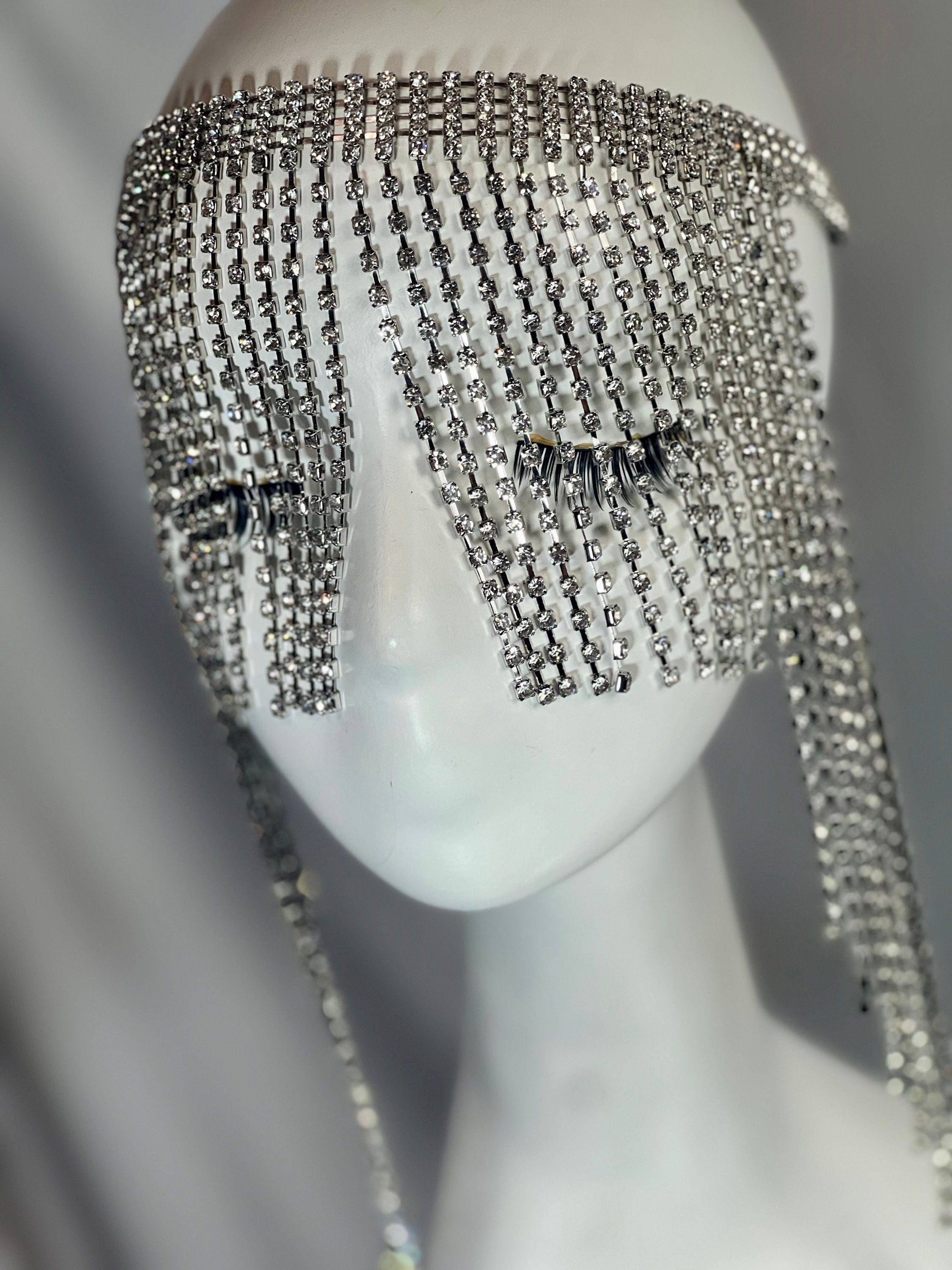 Silver Rhinestones Exotic Cleopatra Head Piece Cap Egyptian Tassel Chain Festival Hat Silver Mesh Flapper Stretchy Cap Custom Head Cap