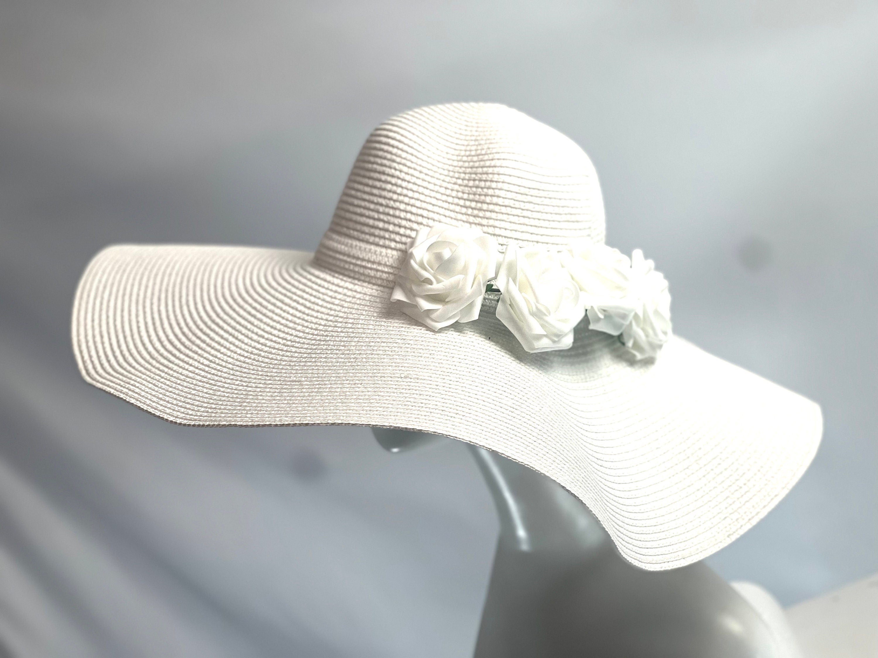 WHITE Roses Decor Wide Brim Hat Summer Hat Oversize Straw Hat Large Beach Hat Extra Wide Brim Hat 21" Wide Sun Hat Wedding Hat Bride Hat