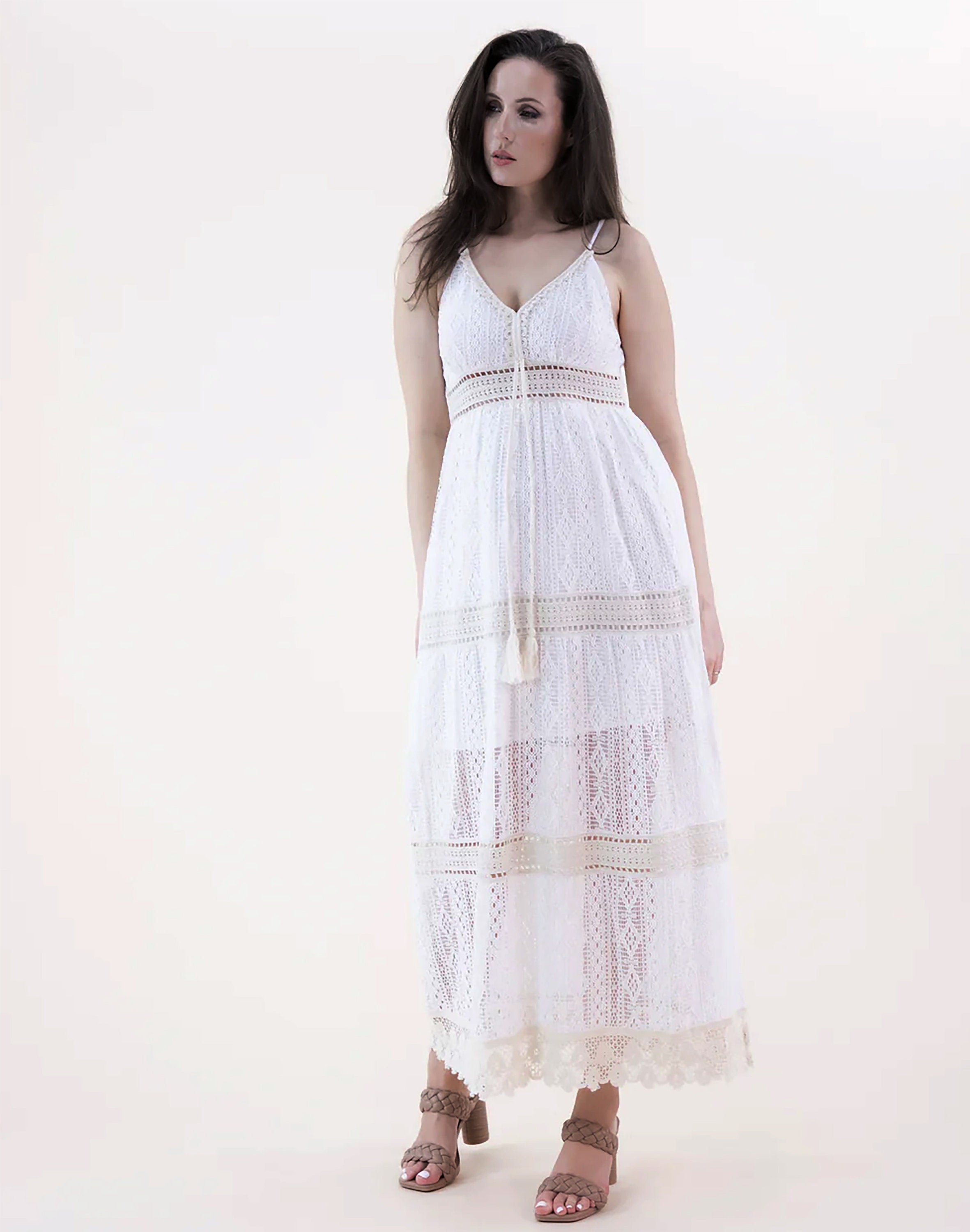 Striped Lace & Crochet Accents Empire Waist Tiered Maxi Dress