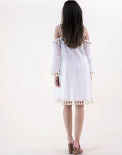 Striped Lace & Crochet Accents Drop Shoulder Tassel Pom Pom Hems Dress