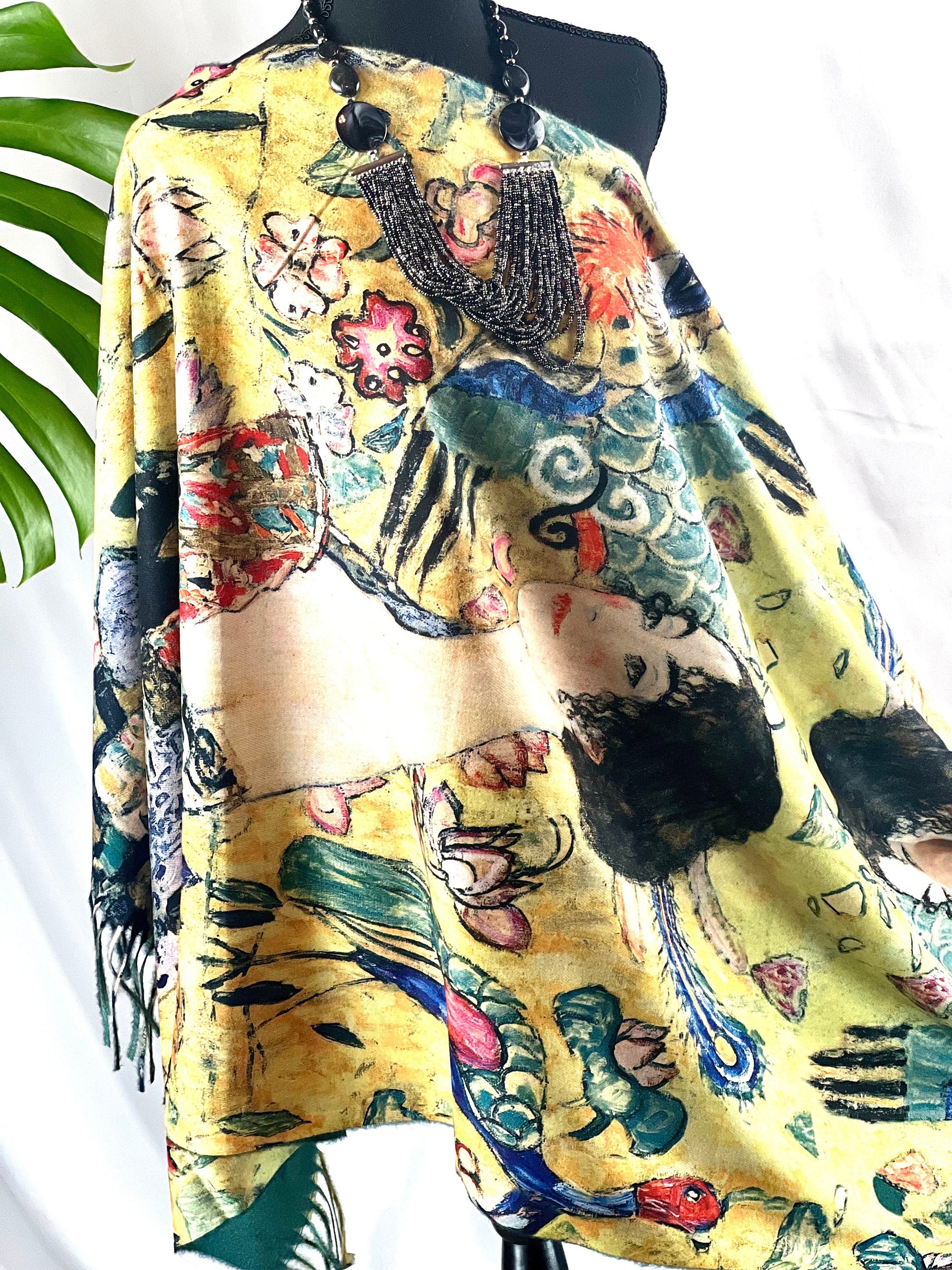 Lady With A Fan Painting by Gustav Klimt Classic Artwork Printed on Scarf Soft Cashmere-feel Tassel Ending Shawl Famous Classic Gift