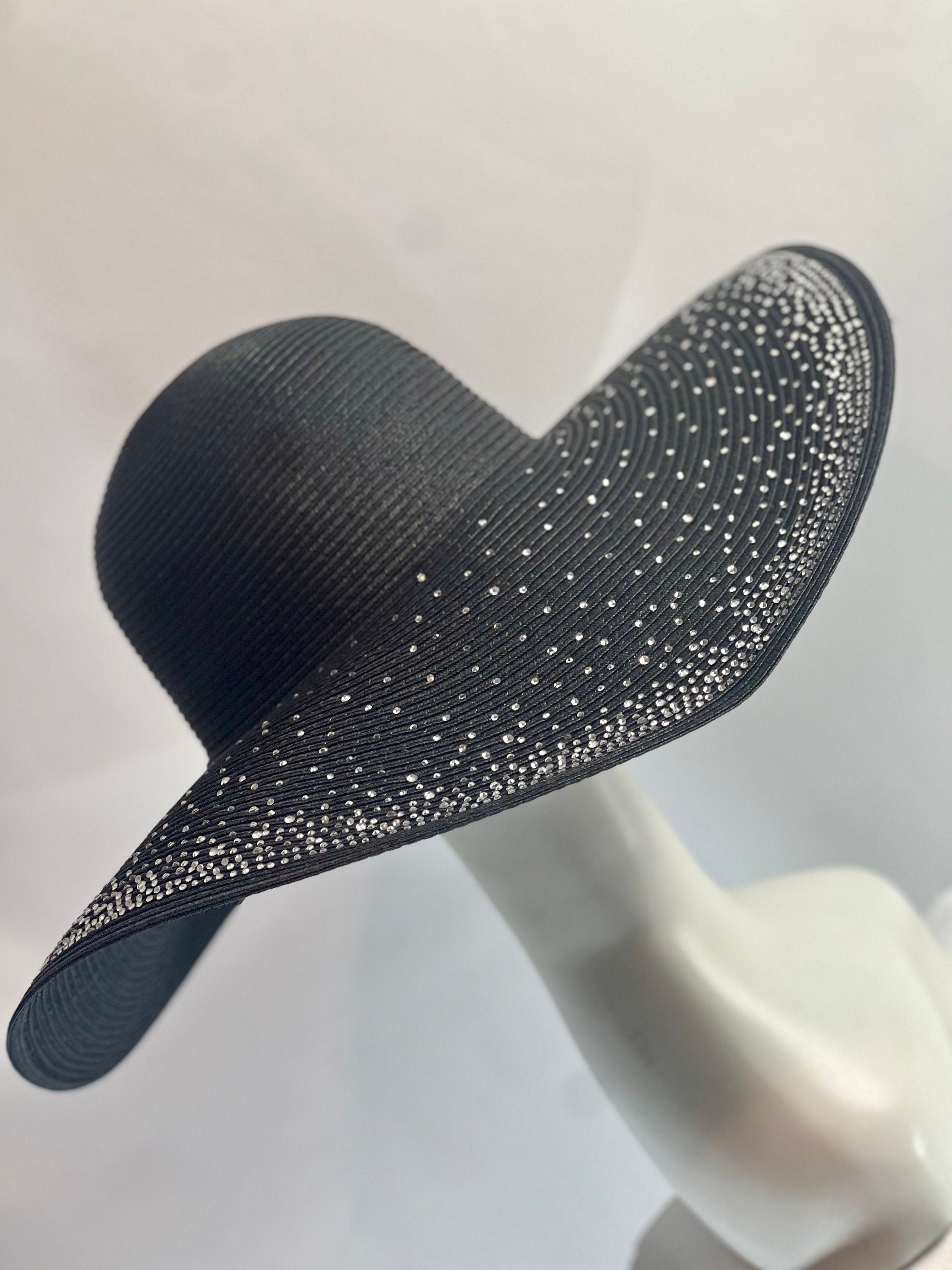 Sparkle Rhinestones Decor Black Floppy Wedding Hat Bride Hat Summer Hat Oversize Straw Hat Large Beach Hat Extra Wide Brim Hat 20"