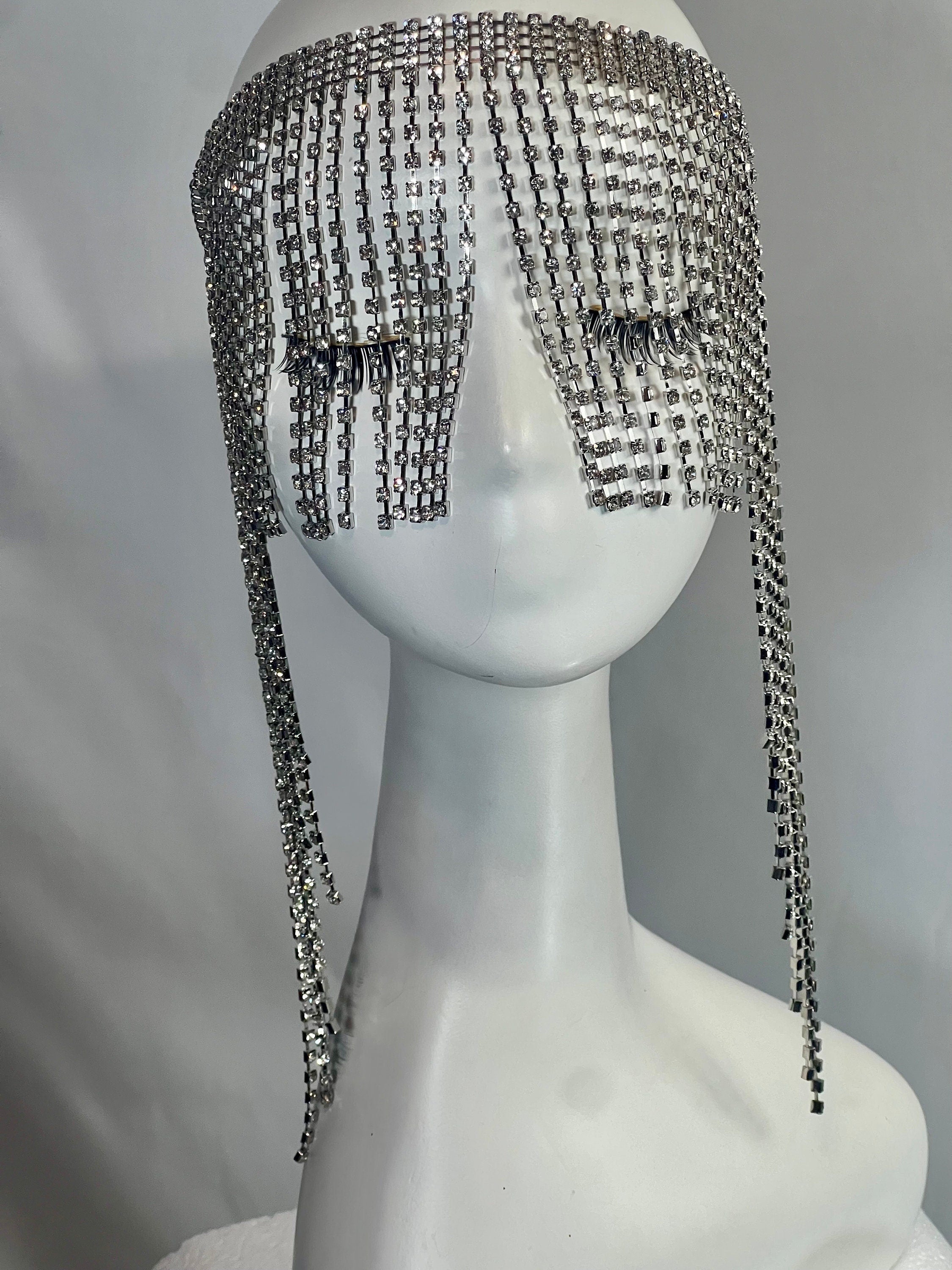 Silver Rhinestones Exotic Cleopatra Head Piece Cap Egyptian Tassel Chain Festival Hat Silver Mesh Flapper Stretchy Cap Custom Head Cap