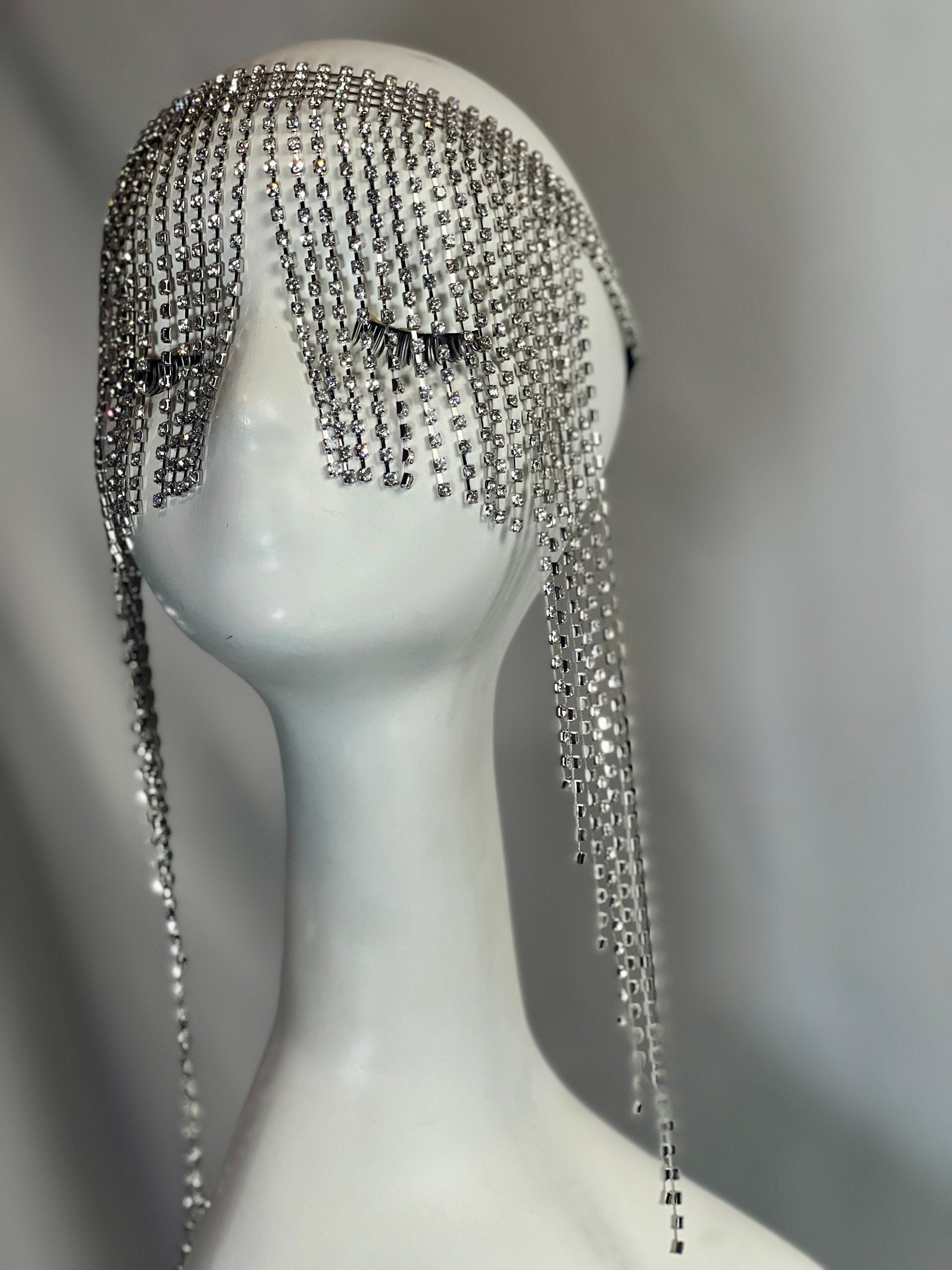 Silver Rhinestones Exotic Cleopatra Head Piece Cap Egyptian Tassel Chain Festival Hat Silver Mesh Flapper Stretchy Cap Custom Head Cap