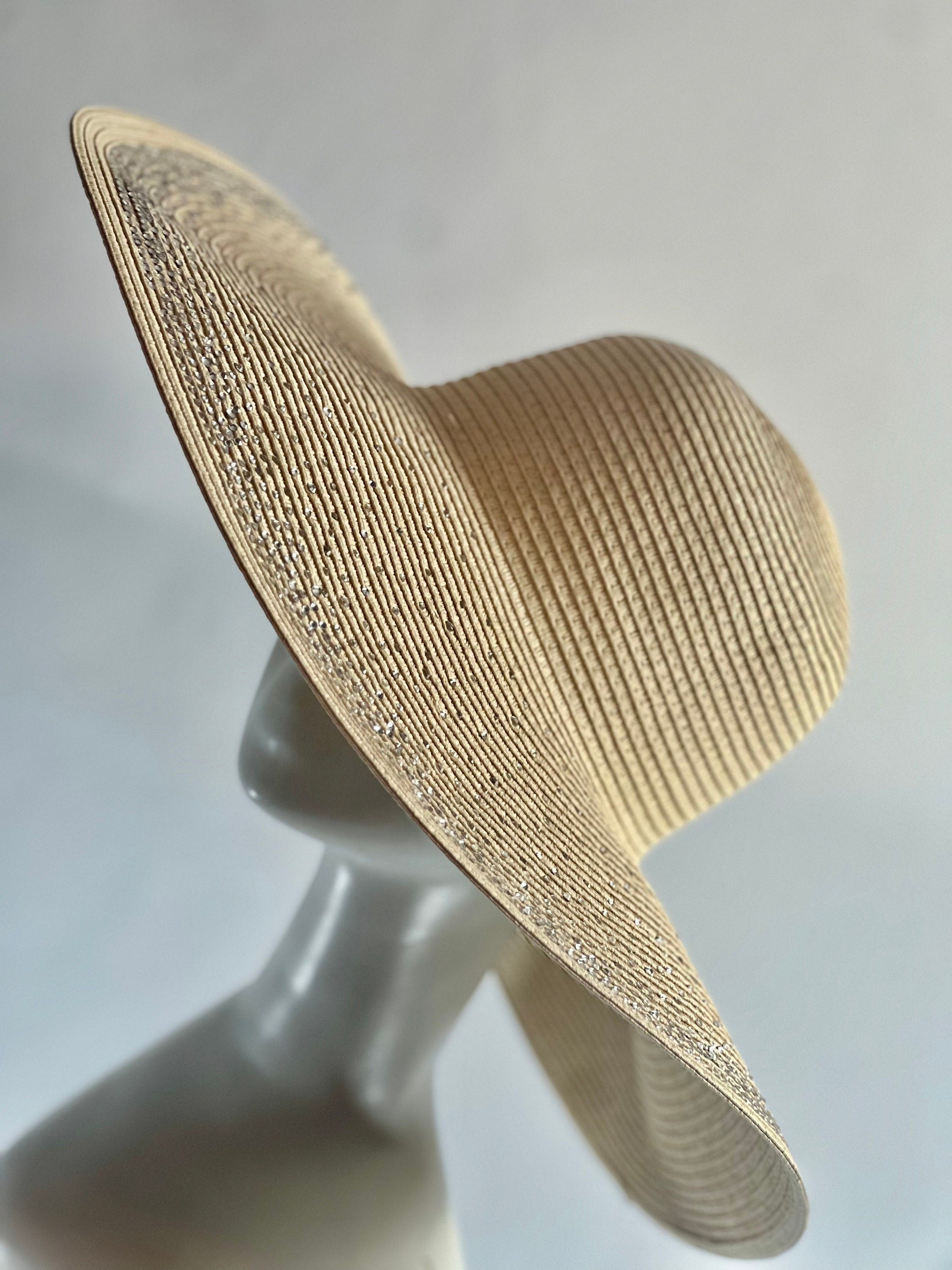 Sparkle Rhinestones Decor Tan Floppy Wedding Hat Bride Hat Summer Hat Oversize Straw Hat Large Beach Hat Extra Wide Brim Hat 20"