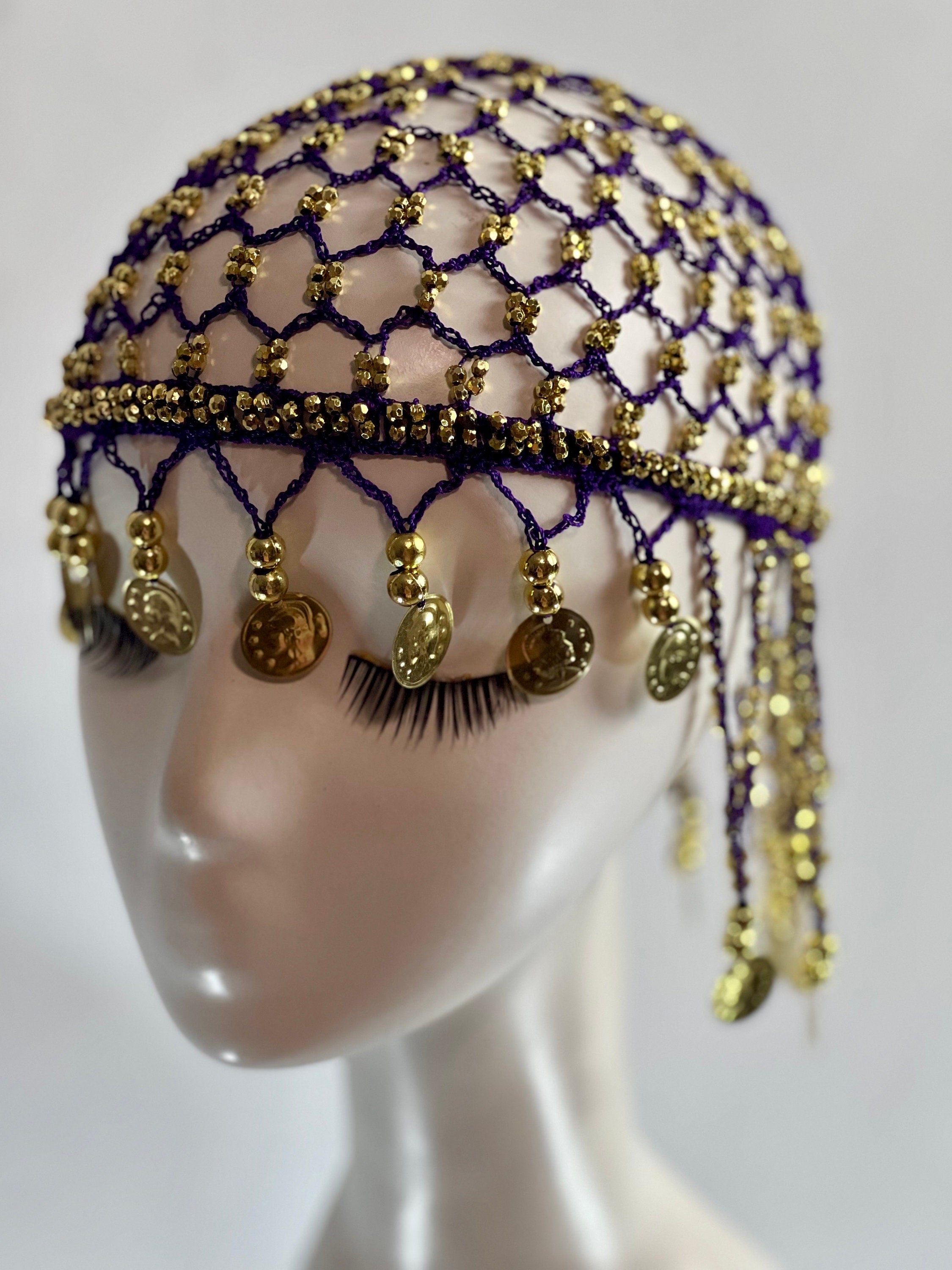 Gold Beaded Exotic Cleopatra Head Piece Cap Egyptian Tassel Chain Durag Festival Hat Gold Mesh Beaded Flapper Stretchy Cap Plastic beads