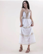 Geo Floral Lace Crochet Embellished Accent Empire Waist Tiered Maxi Dress