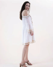 Striped Lace & Crochet Accents Drop Shoulder Tassel Pom Pom Hems Dress